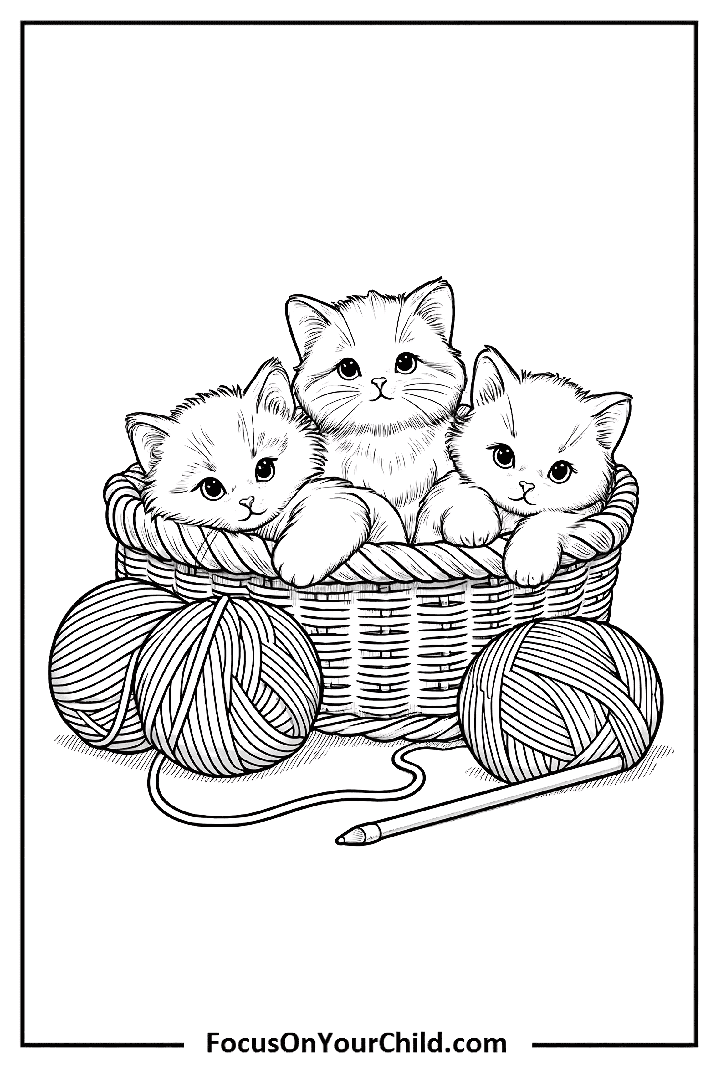 Adorable kittens playing in a basket with yarn.