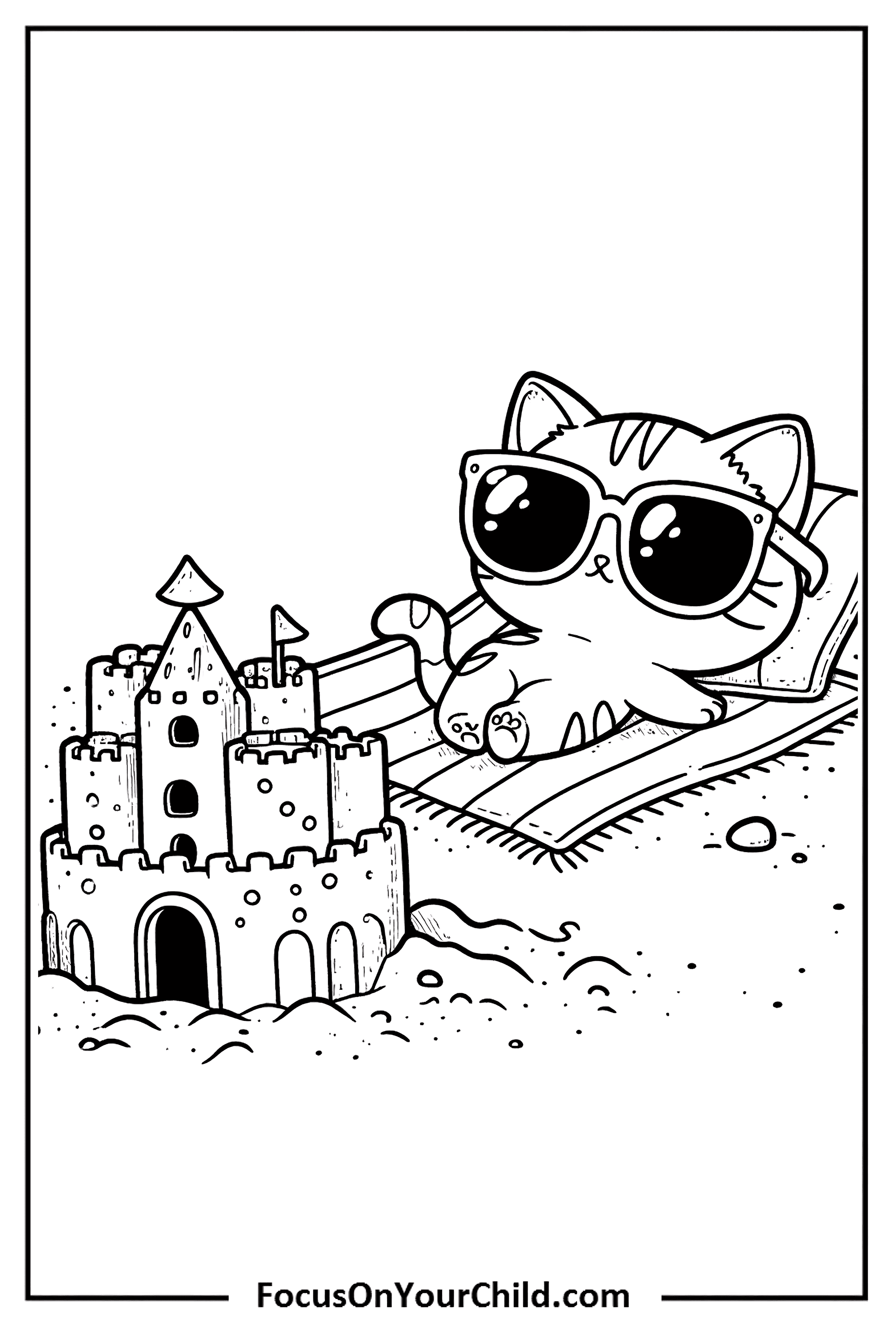 Charming cat in sunglasses lounging on beach towel next to intricate sandcastle.