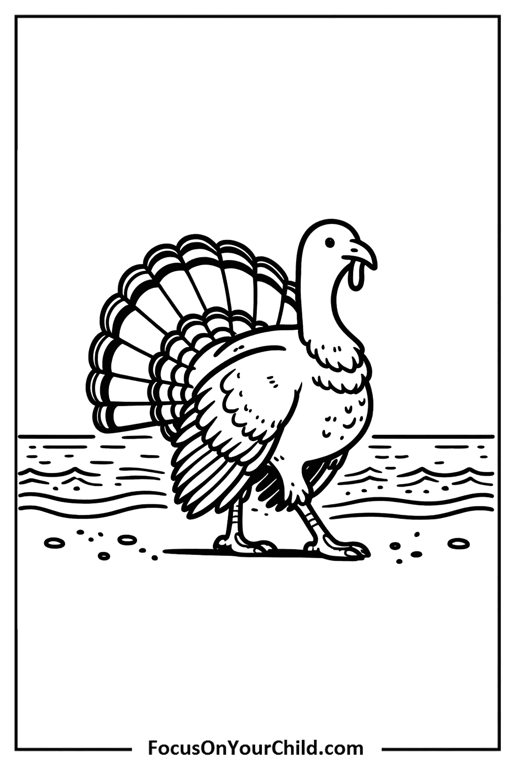 Majestic turkey standing on beach, detailed line drawing.