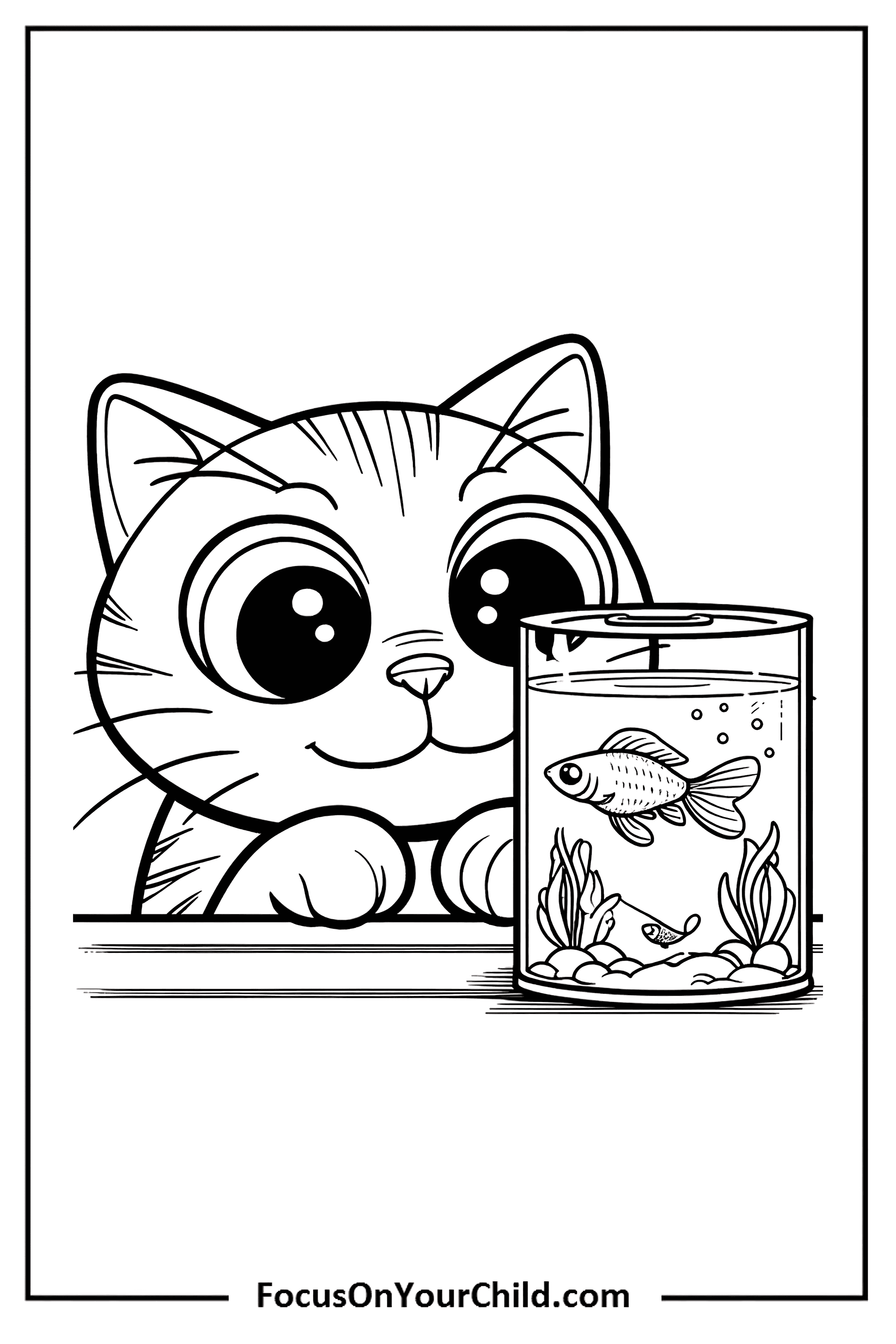 Charming cat watching fish in transparent bowl with aquatic plants and bubbles.
