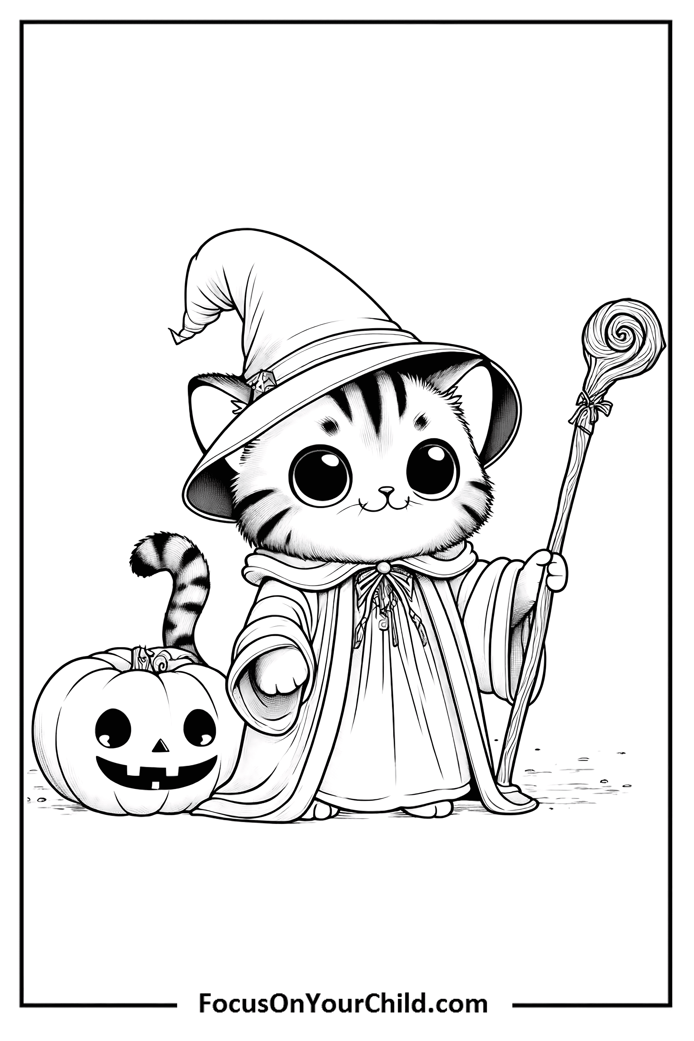 Adorable kitten dressed as a wizard with a jack-o-lantern, perfect for Halloween.