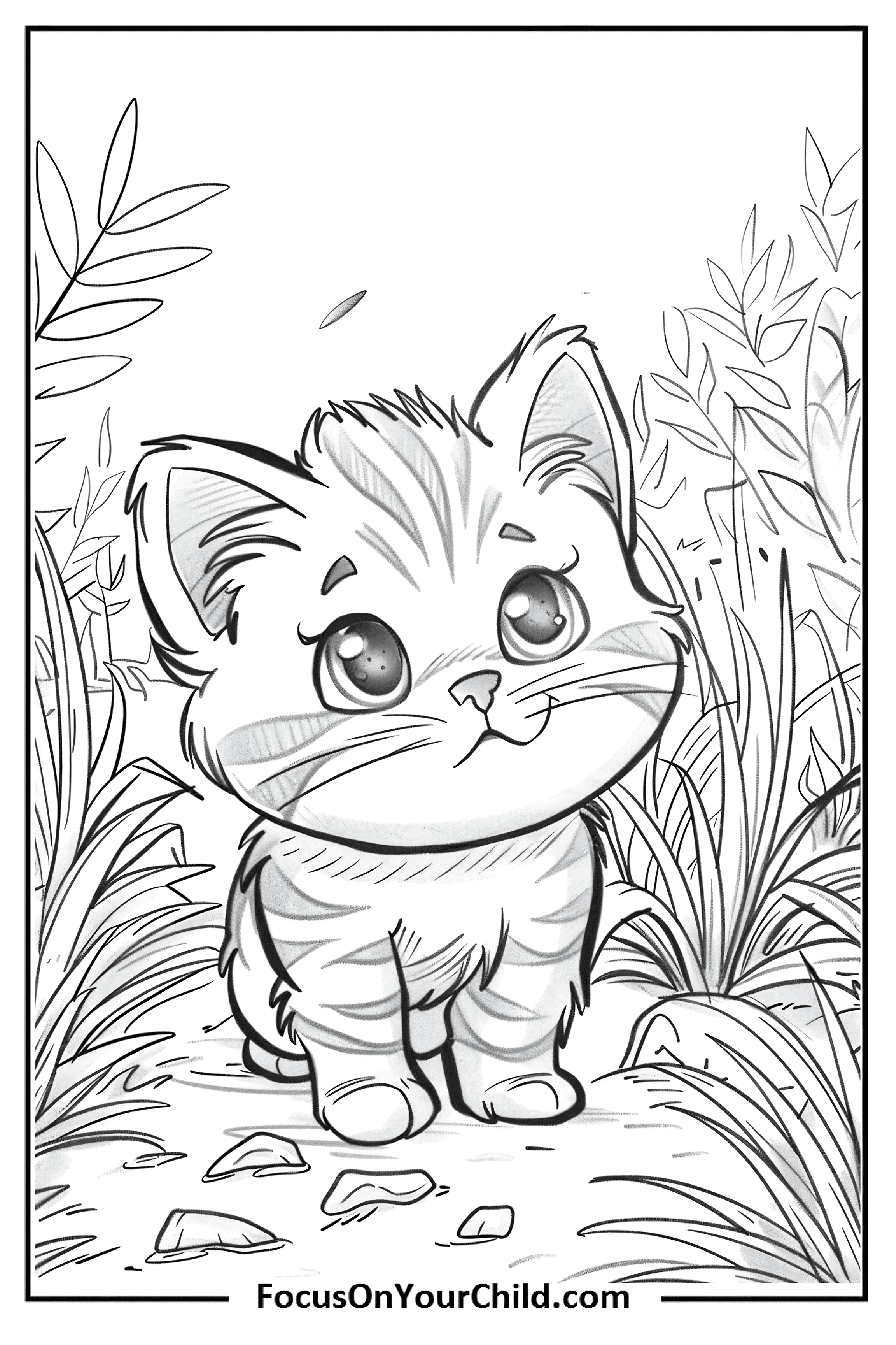 Adorable kitten sitting in lush garden, showcasing innocence and curiosity.