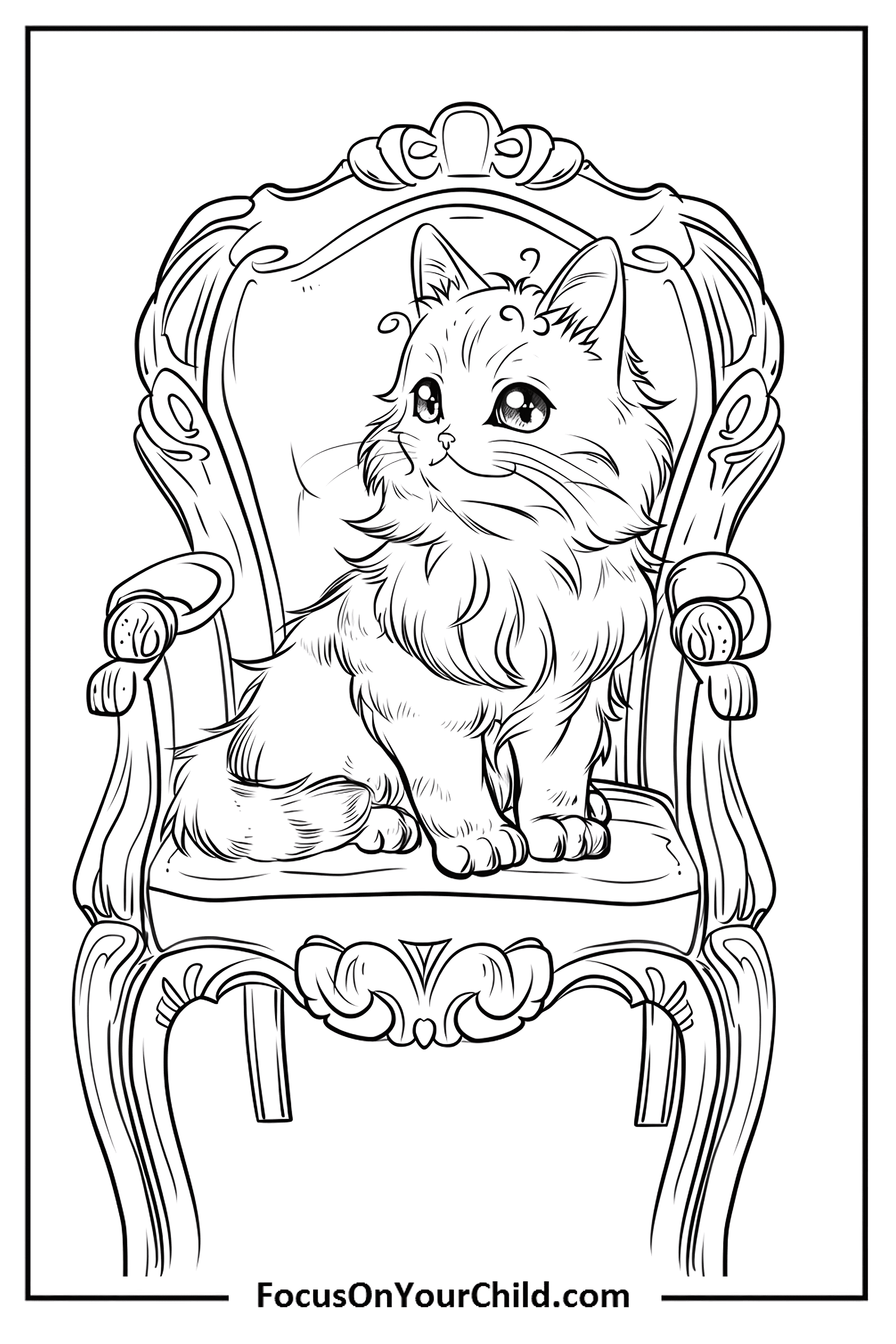 Fluffy kitten on elegant armchair, perfect for coloring activities and cat lovers.