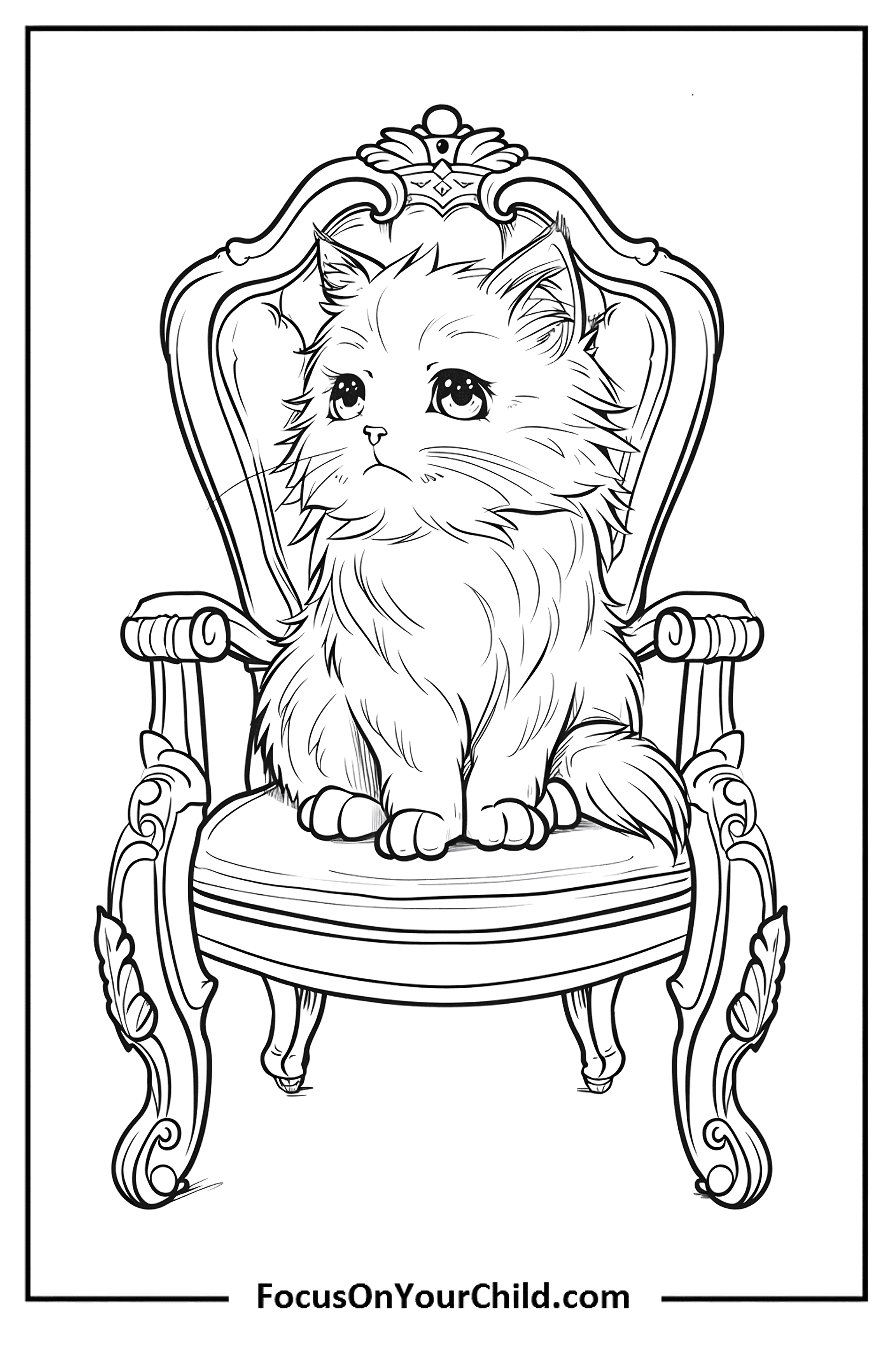 Majestic cat sitting on ornate chair, elegant black-and-white line drawing for coloring.