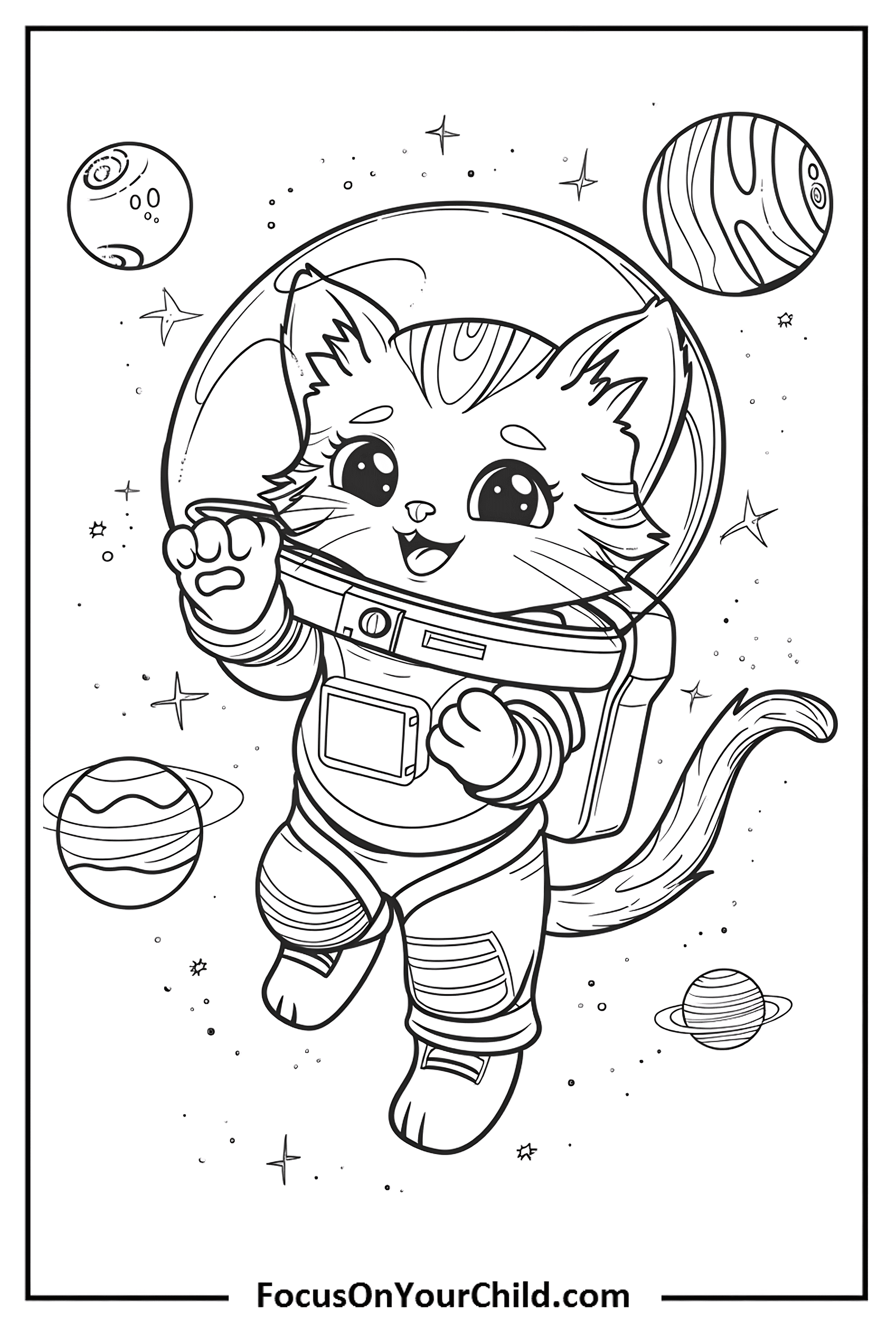 Adorable astronaut cat floating in space, surrounded by planets and stars.
