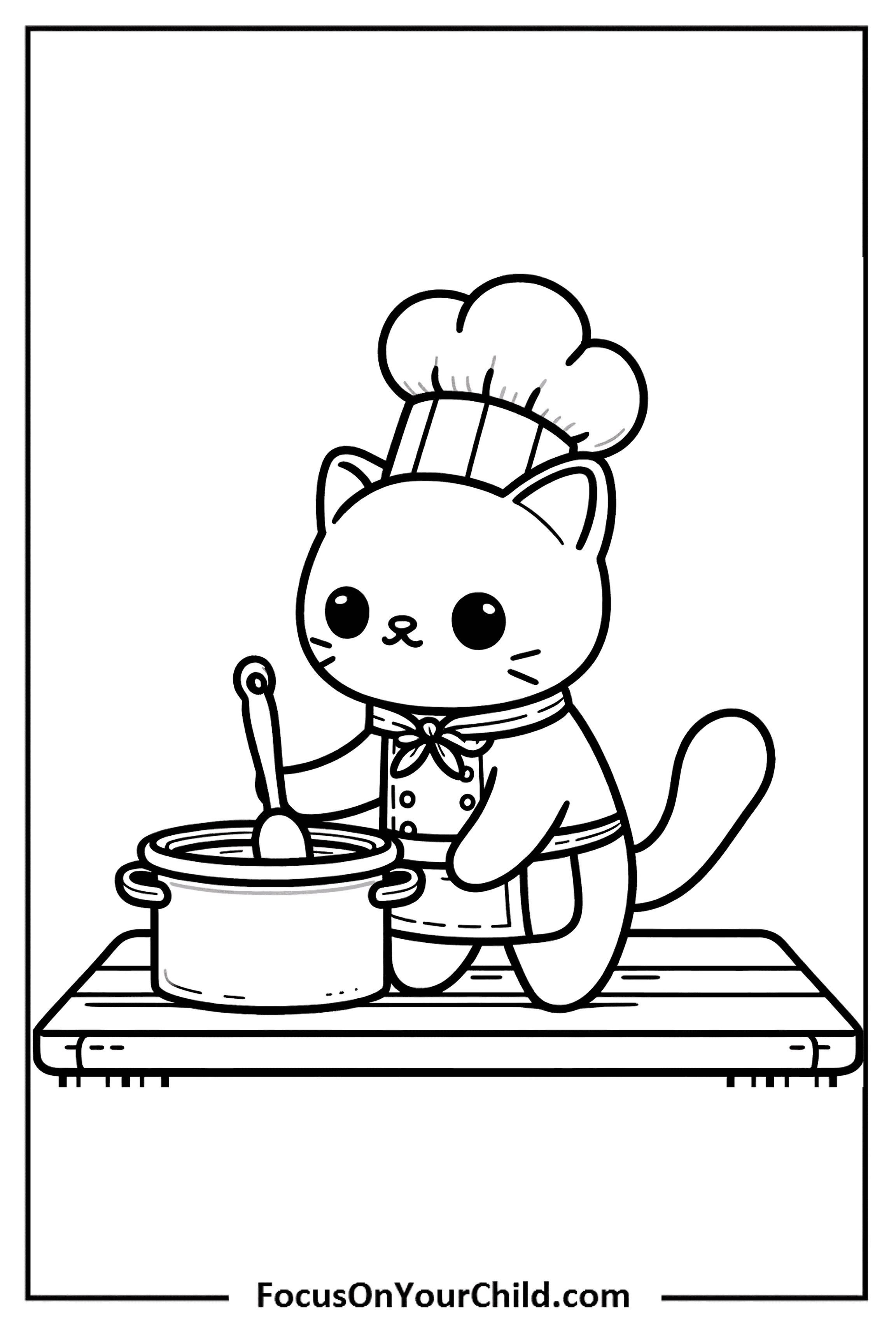 Adorable cat chef stirring food in a pot on a wooden table.