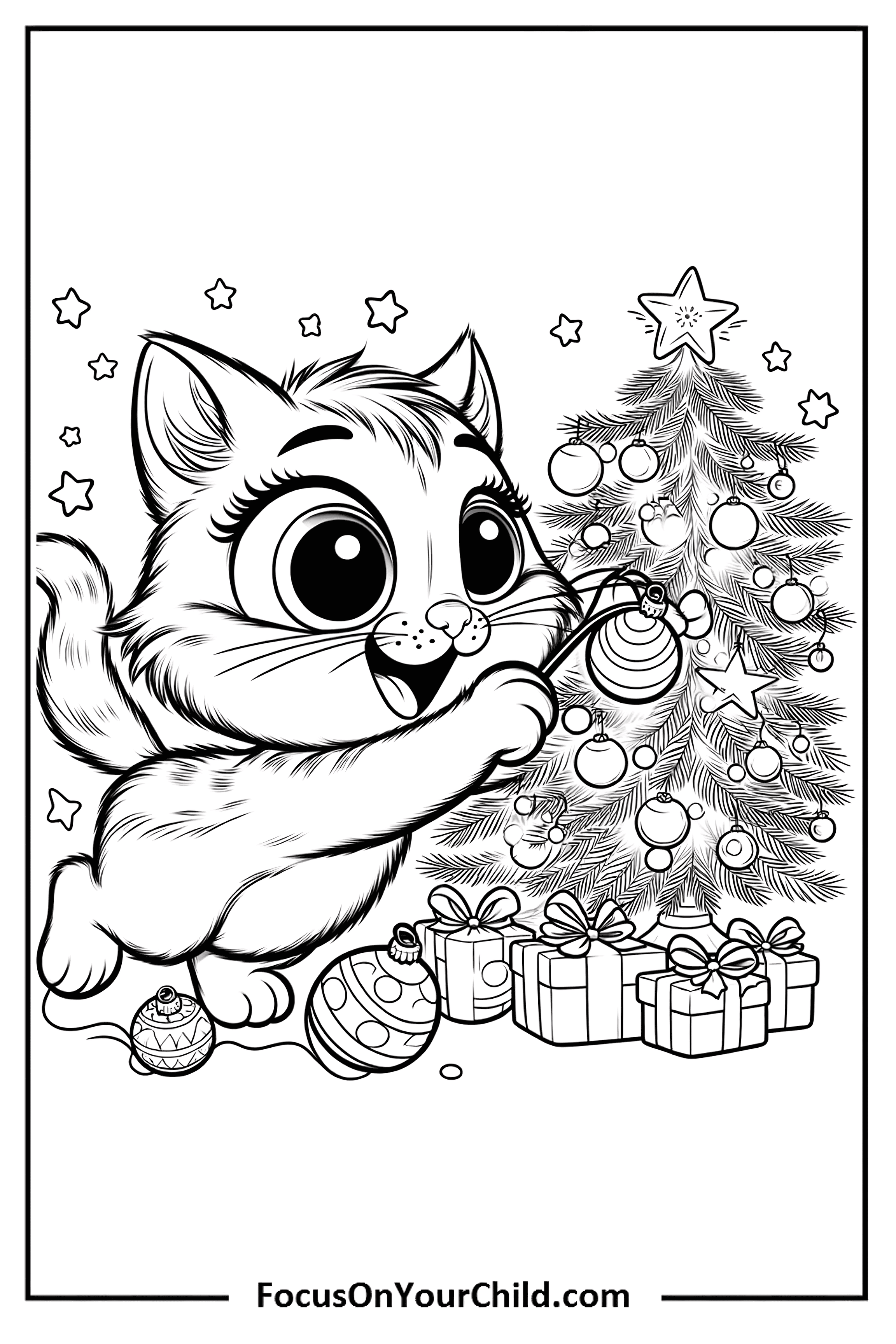 Playful cat decorating Christmas tree with ornaments and presents in festive black-and-white illustration.