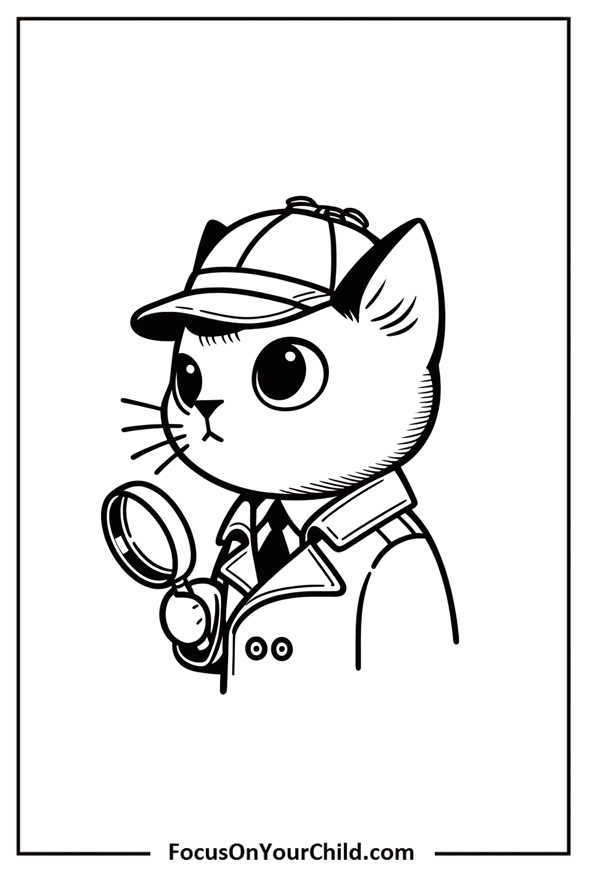 Adorable detective cat in trench coat and magnifying glass, whimsically investigating mysteries.