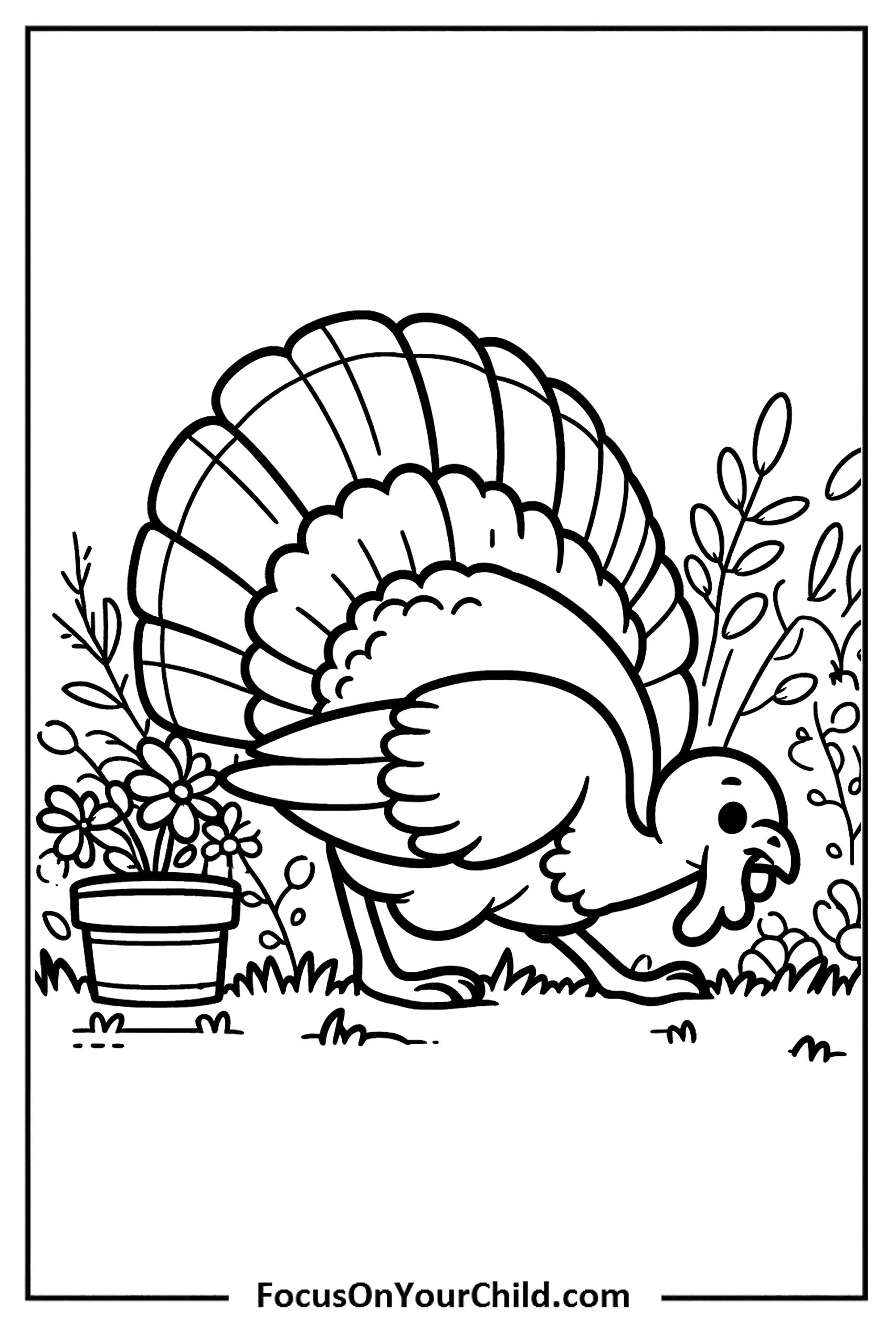 Coloring page of a turkey in a garden setting for children to enjoy.