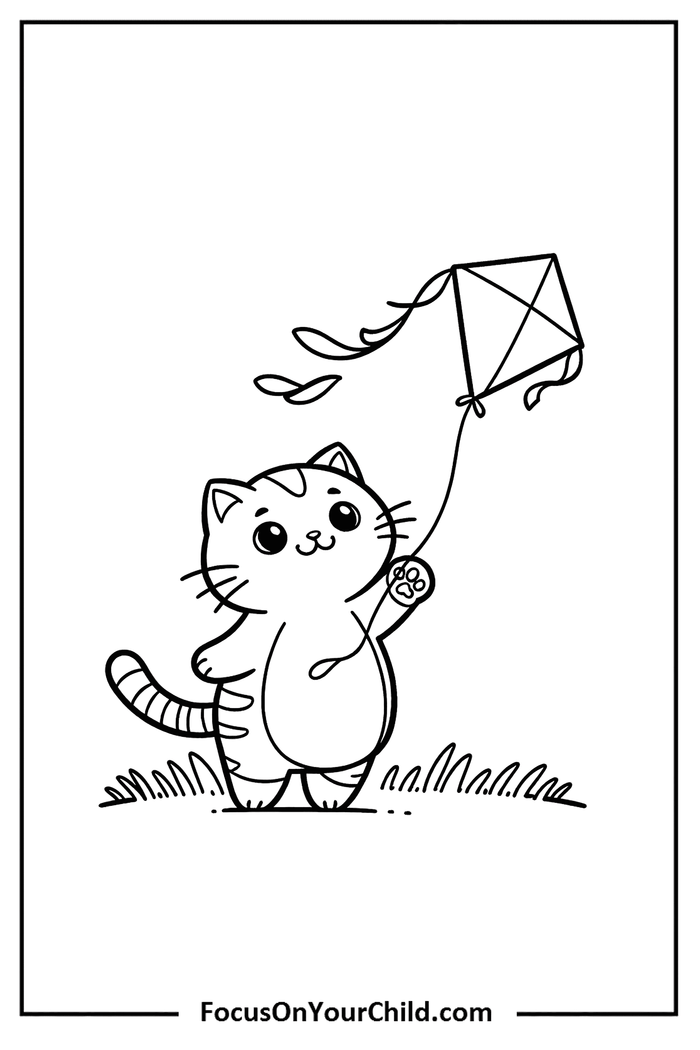 Cute cat flying a kite in a simple black-and-white cartoon drawing.
