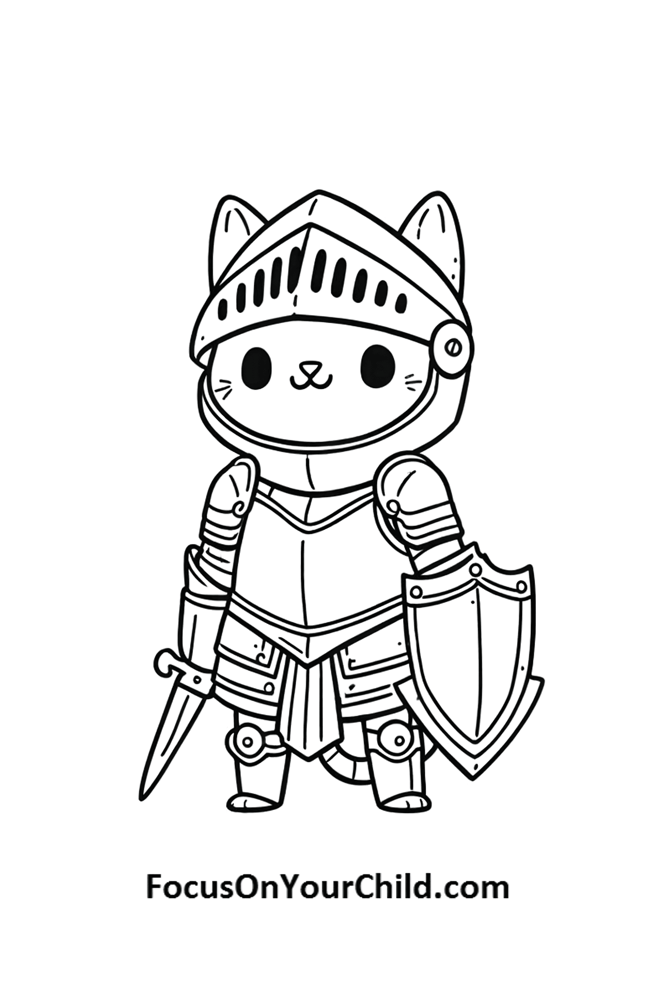 Adorable cat dressed as a knight in whimsical black-and-white illustration.