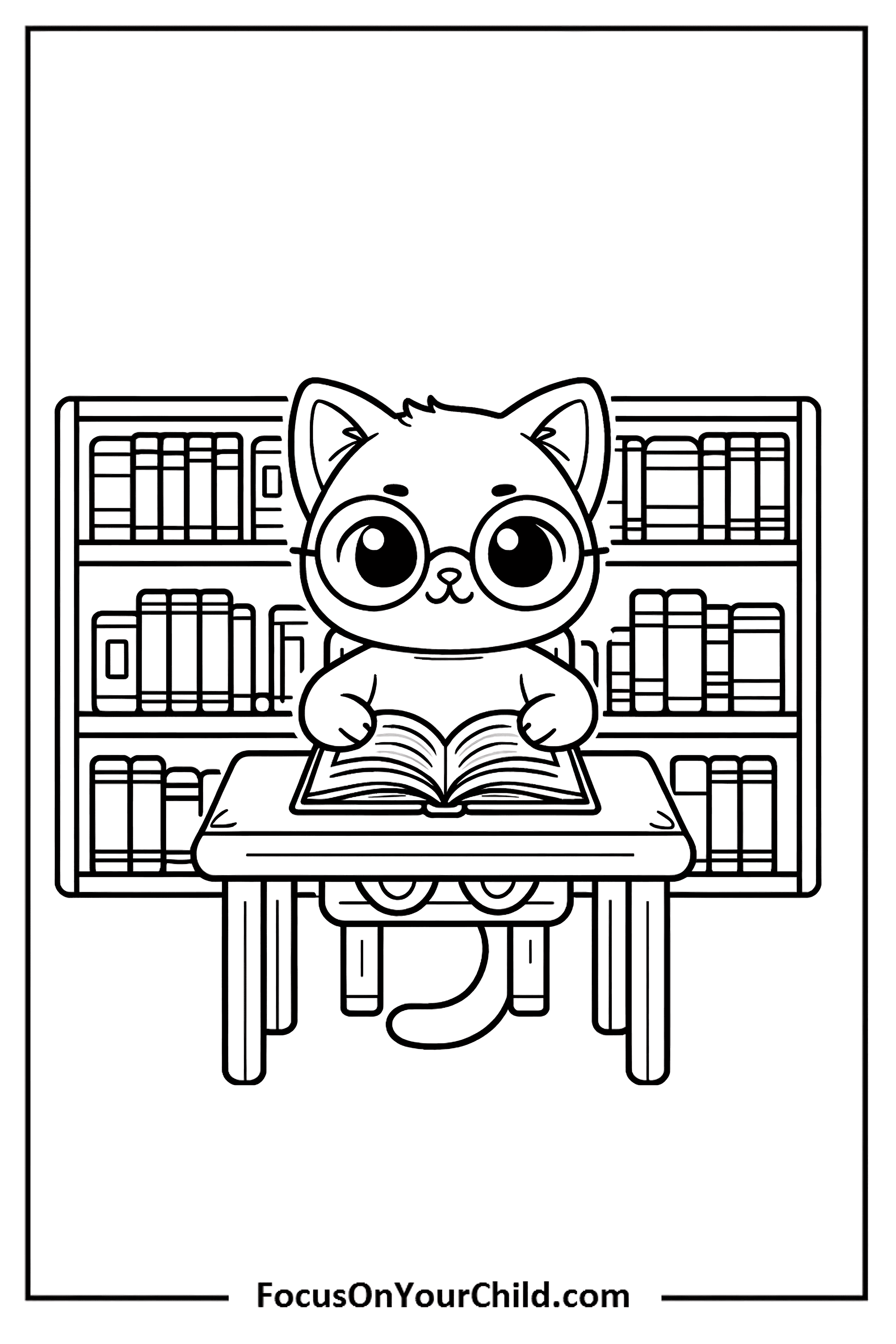 Charming cat reading book in library setting, perfect for educational content.