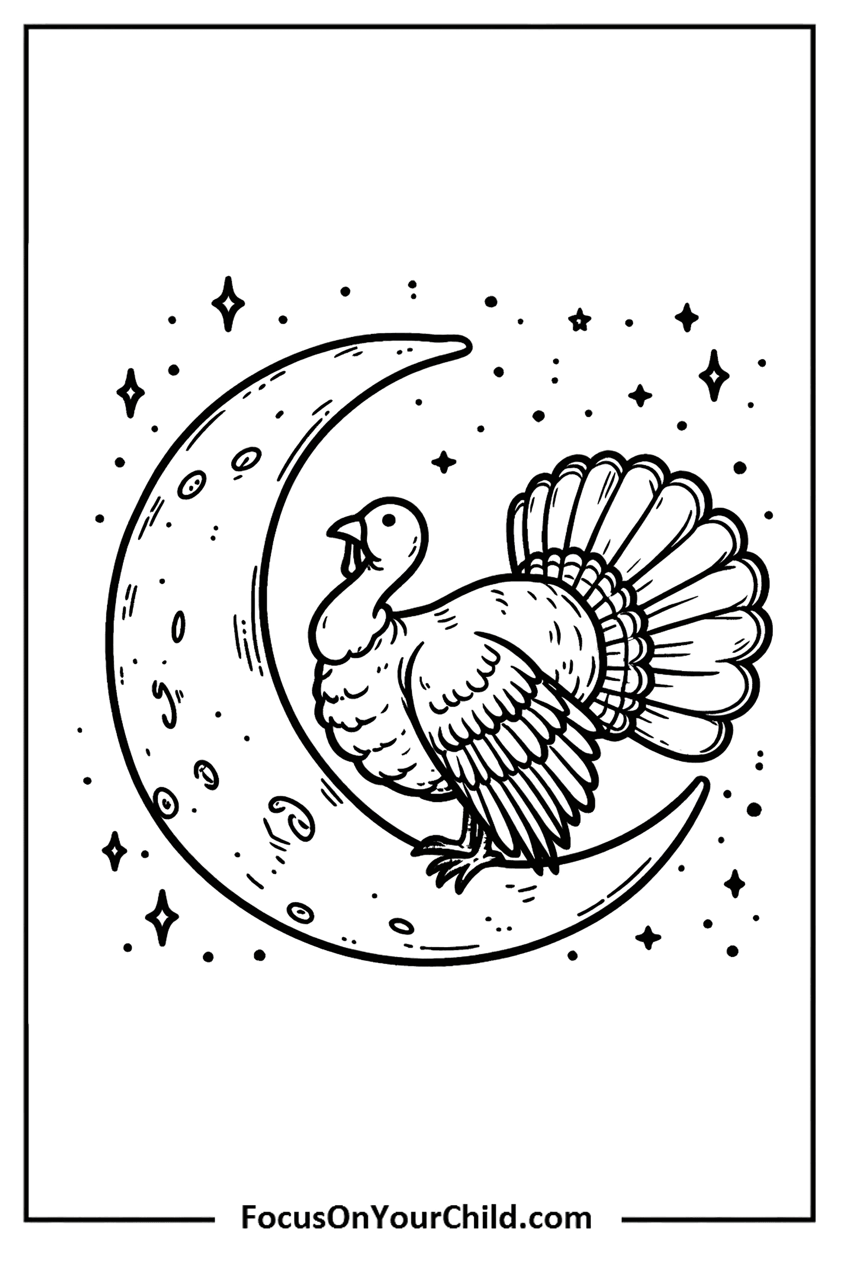 Whimsical turkey perched on textured crescent moon in starry night sky.
