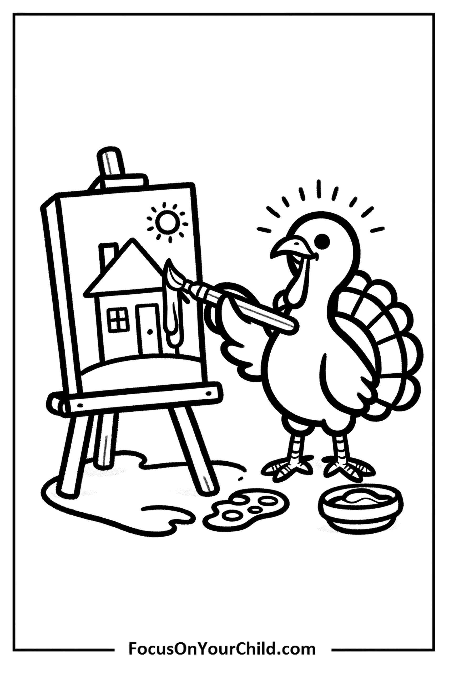 Whimsical turkey painting on canvas, promoting creativity for children.