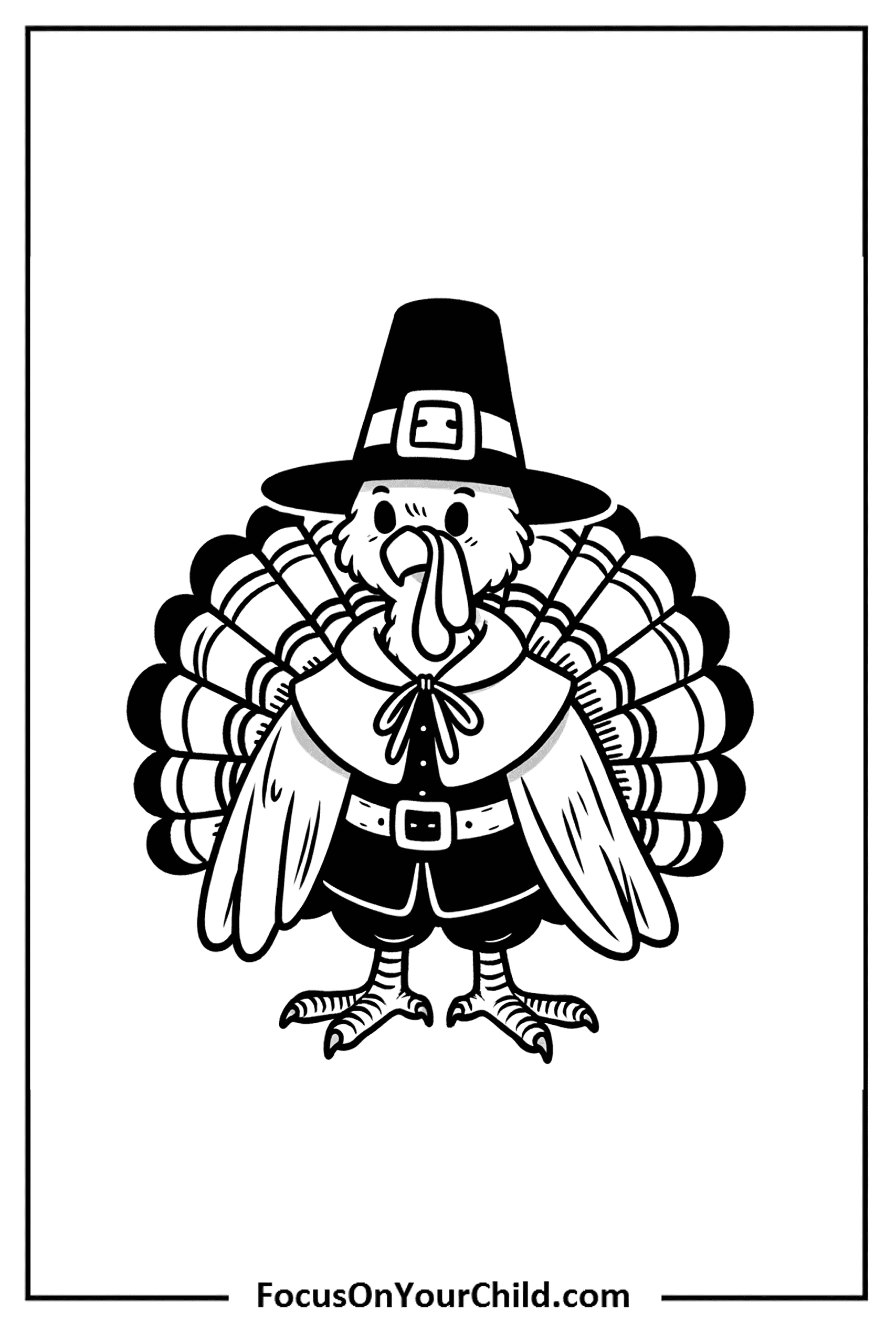 Traditional Pilgrim outfit on a turkey illustration for coloring, FocusOnYourChild.com.
