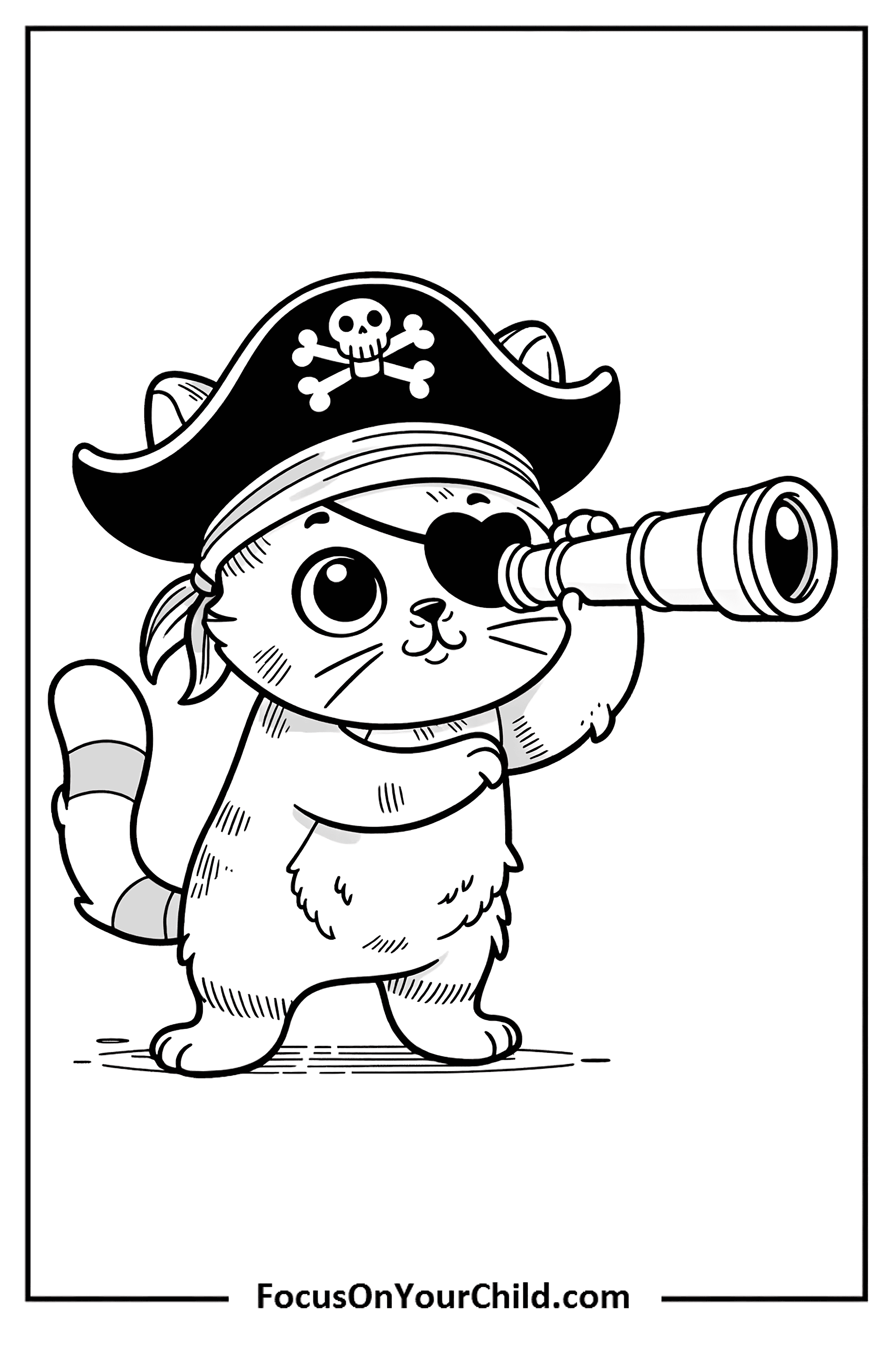 Adorable pirate kitty with eye patch, hat, and spyglass, perfect for childrens content.
