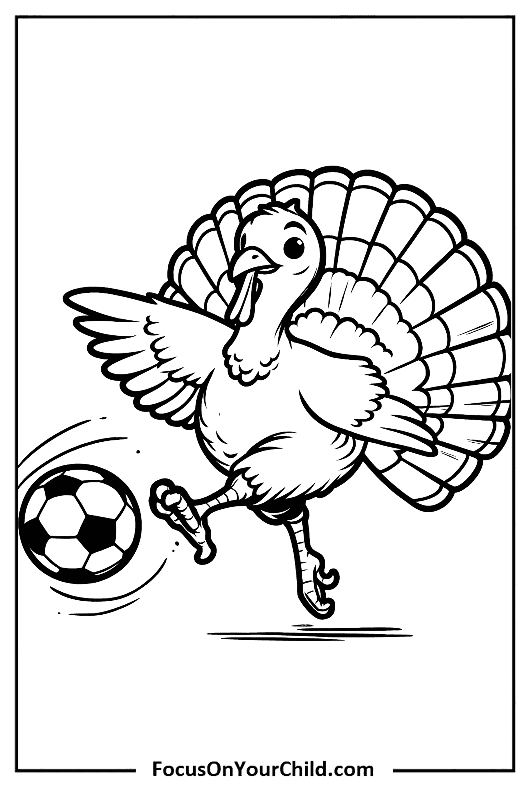 Cheerful turkey playing soccer, perfect for kids coloring.