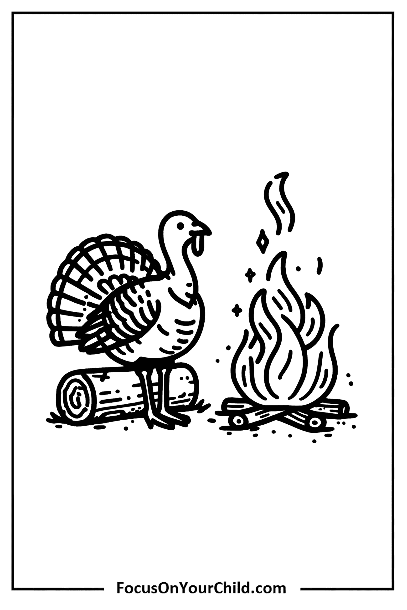 Whimsical turkey standing near stylized campfire.