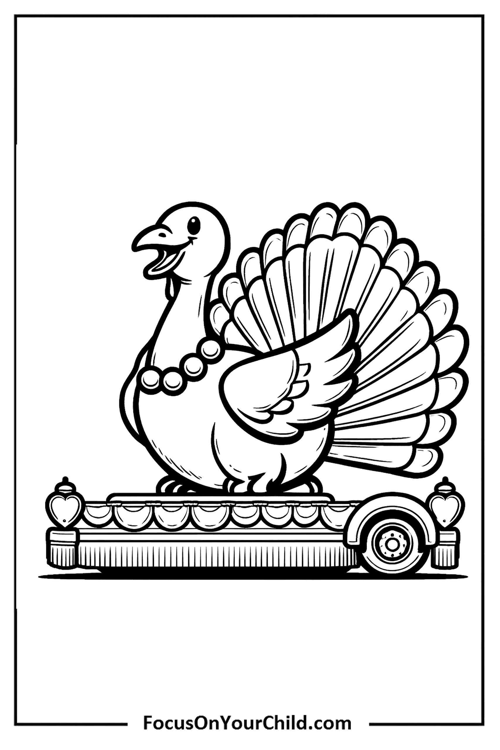 Celebratory turkey float illustration with anthropomorphic features on decorative platform.