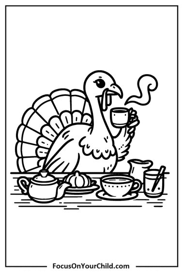 Whimsical turkey enjoying a tea party with croissant, scone, and hot beverage.