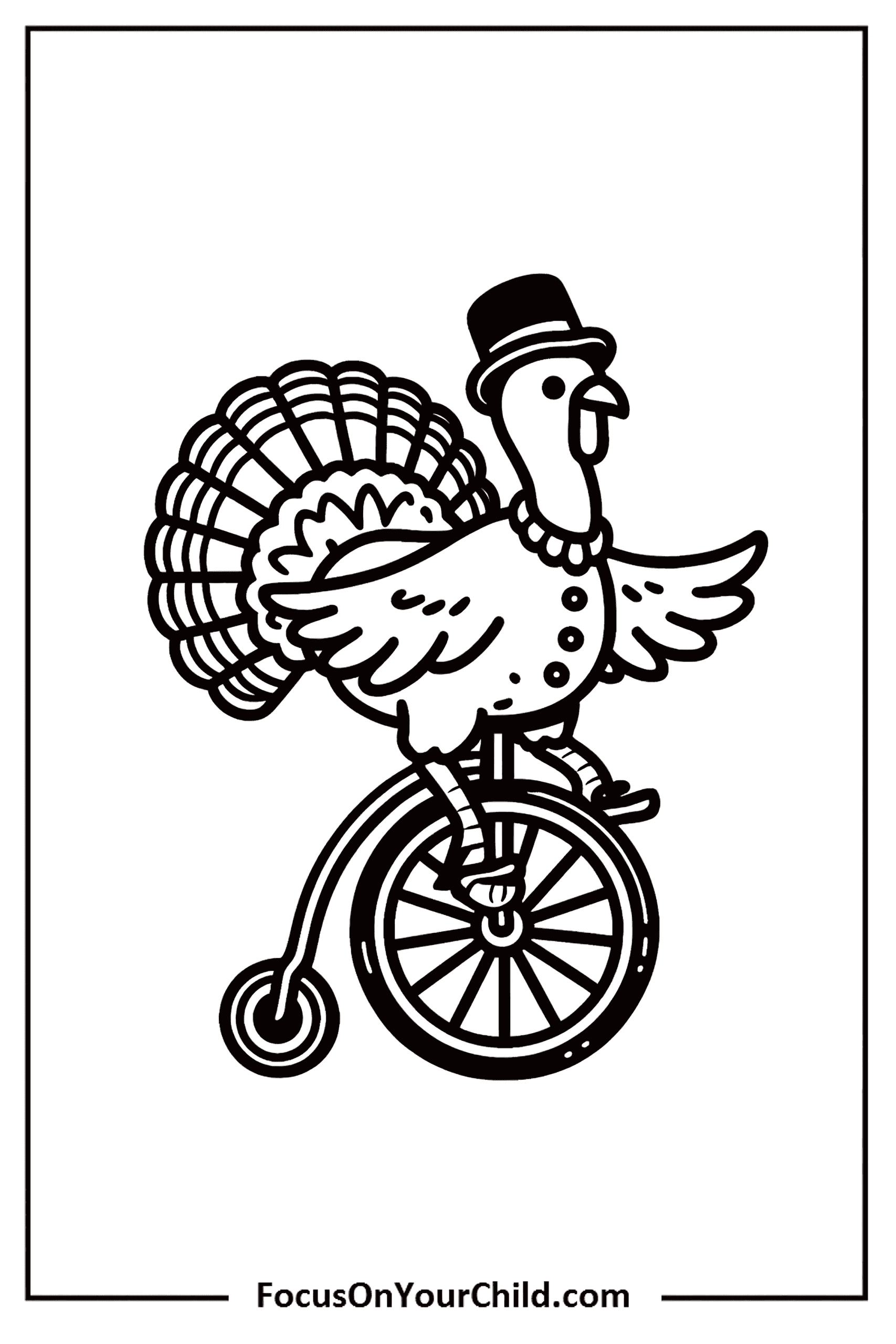 Whimsical cartoon turkey riding a unicycle for FocusOnYourChild.com.