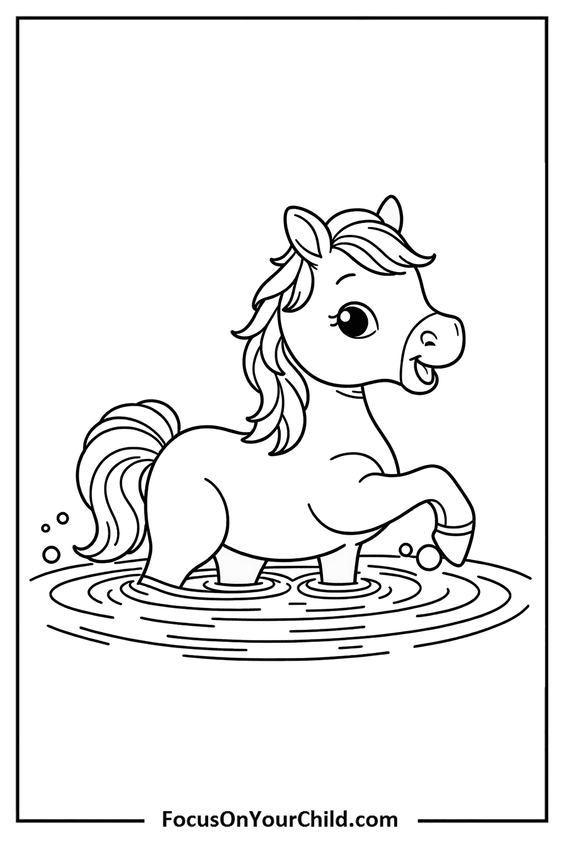 Adorable pony standing in water, perfect for coloring pages, on FocusOnYourChild.com.