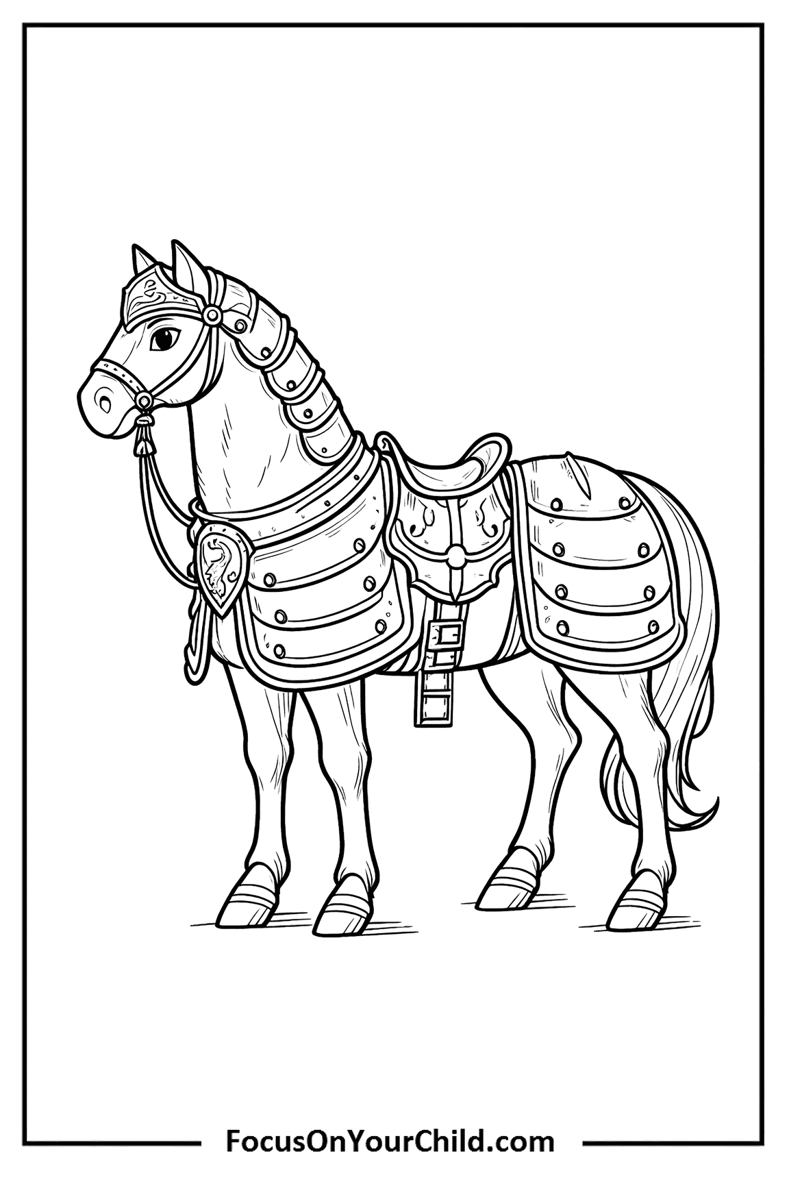 Majestic armored horse in detailed armor, exuding nobility and strength.