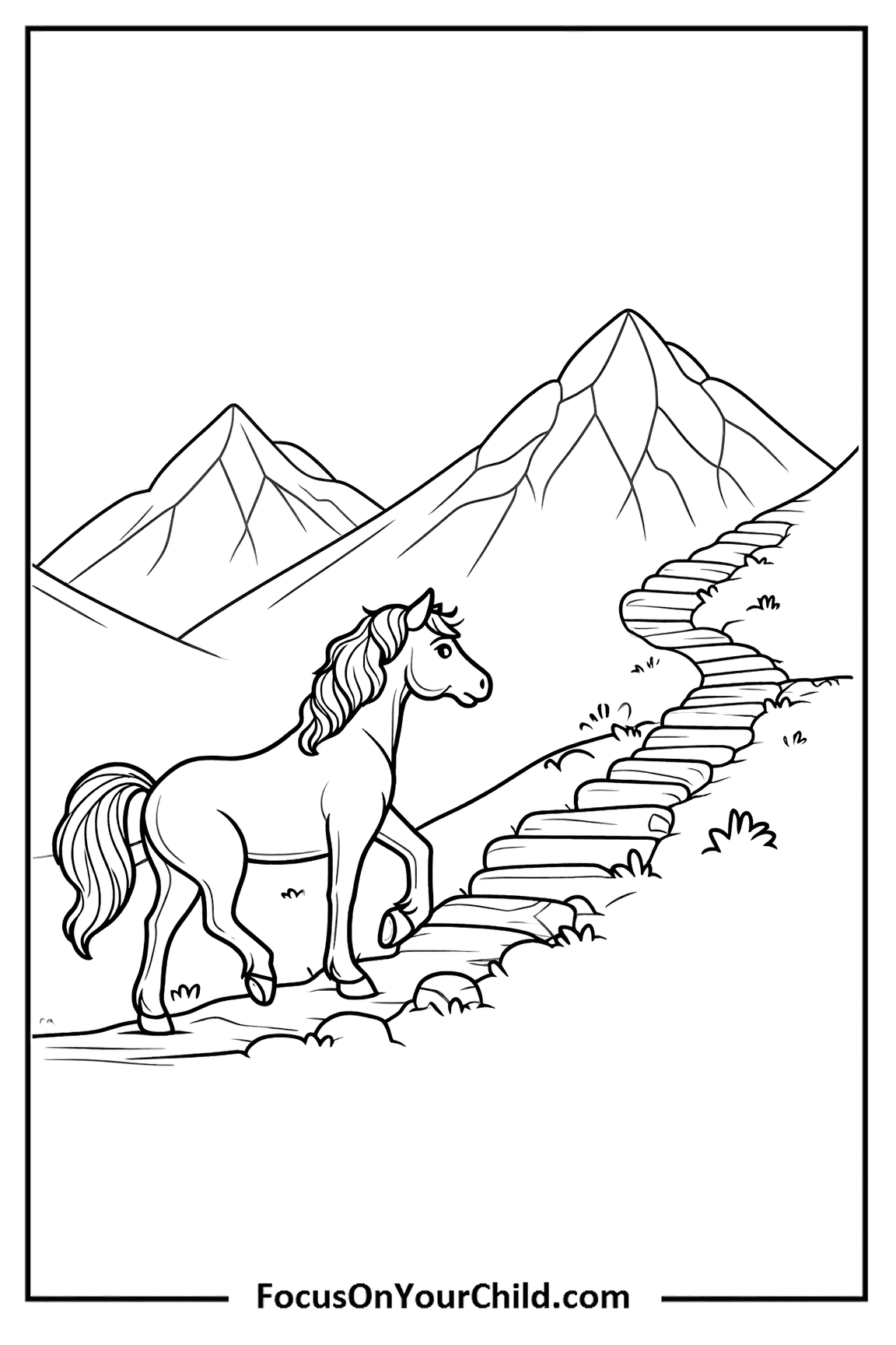 Charming horse drawing on mountain path for child activity.