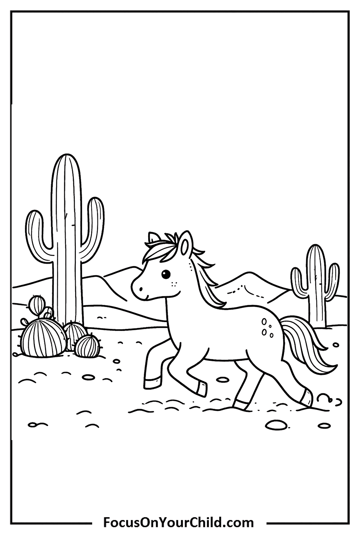 Cheerful cartoon horse trotting in desert landscape, perfect for coloring.