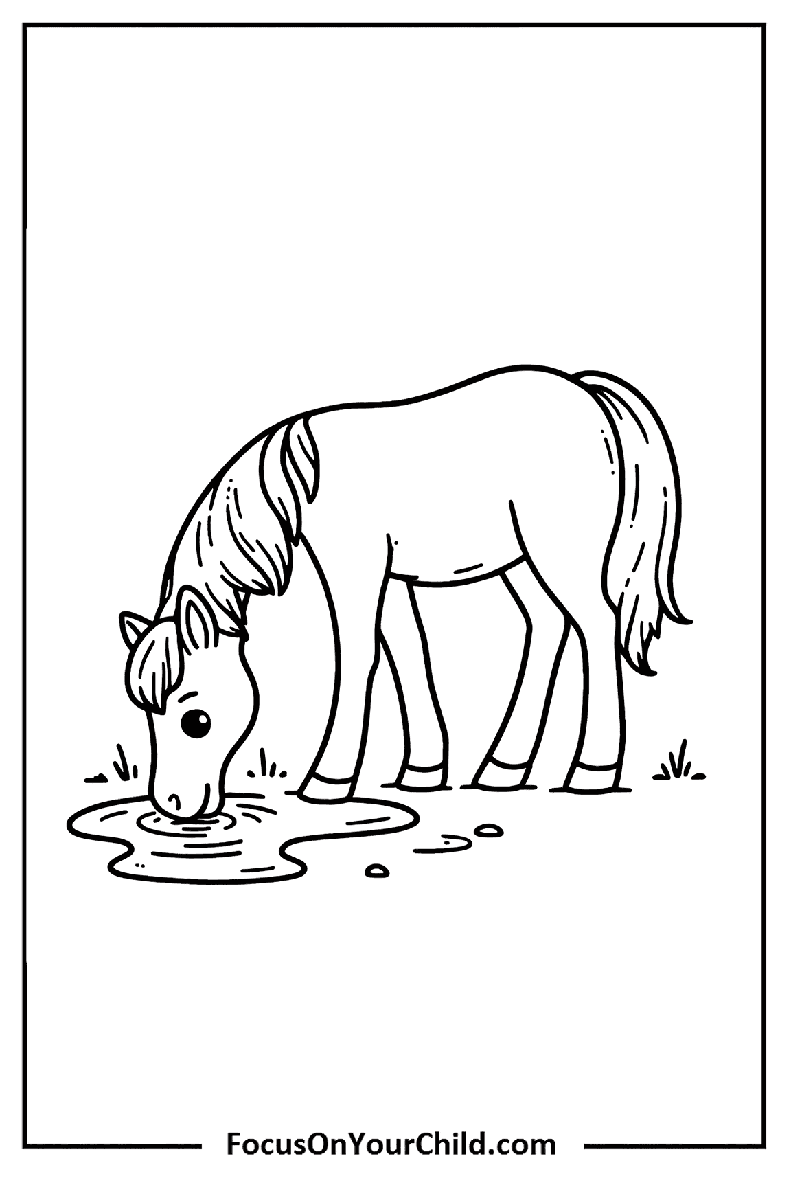 Black-and-white drawing of horse drinking from pool in natural setting, FocusOnYourChild.com.