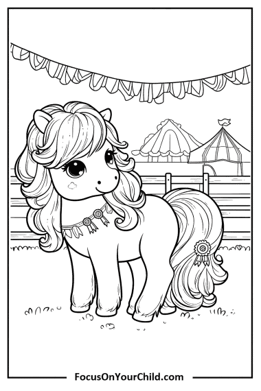 Charming pony standing in a festive farm setting with tents and decorations.