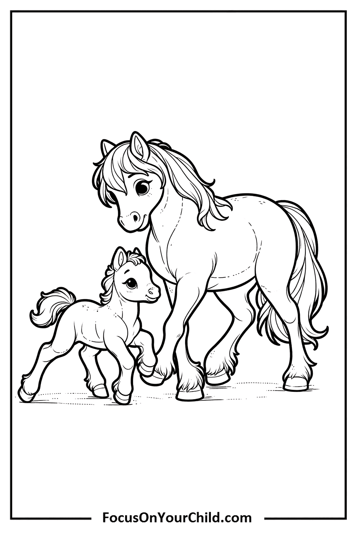 Gentle mare and foal illustration for childrens coloring book.