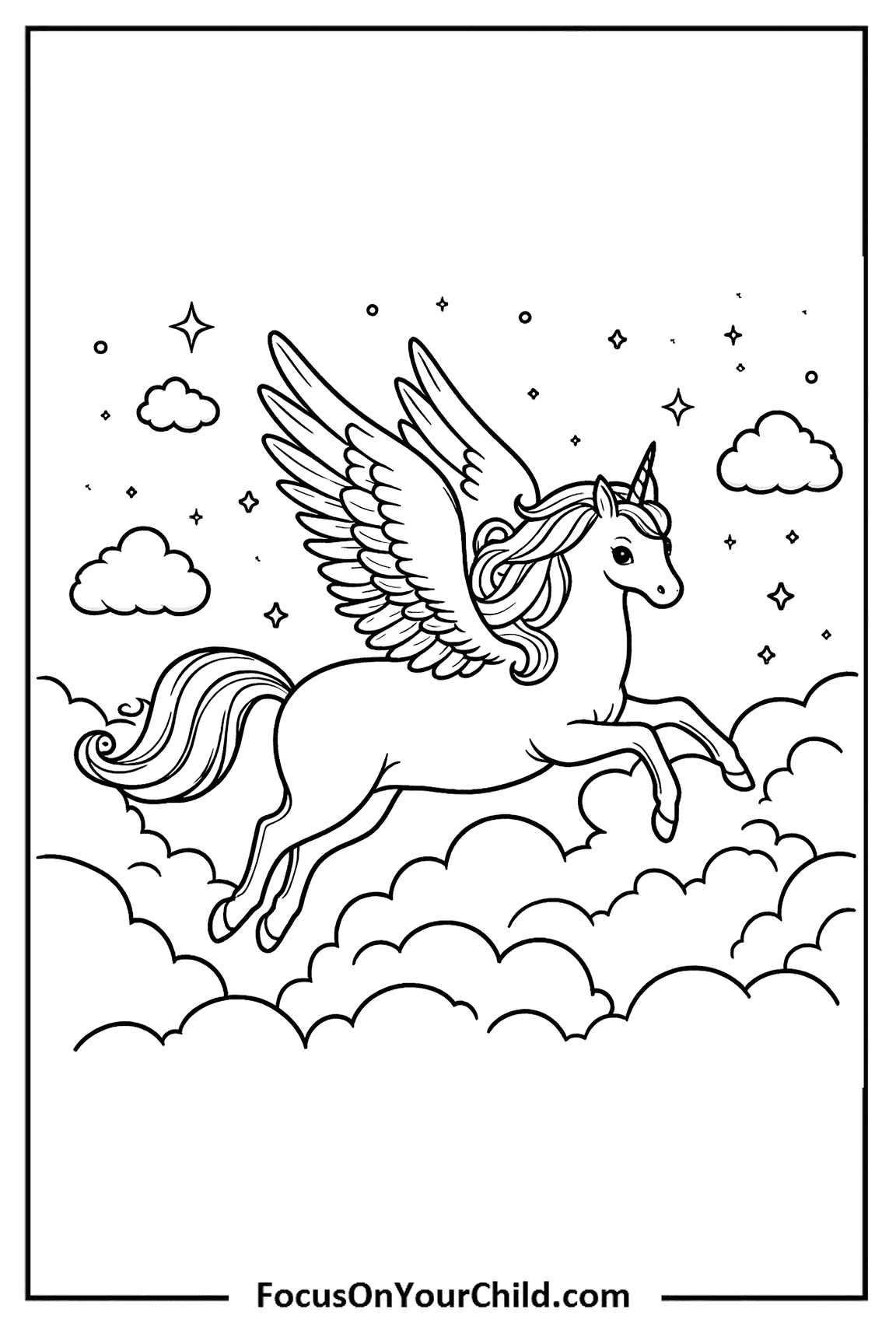 Majestic winged unicorn soaring through sky with clouds and stars.