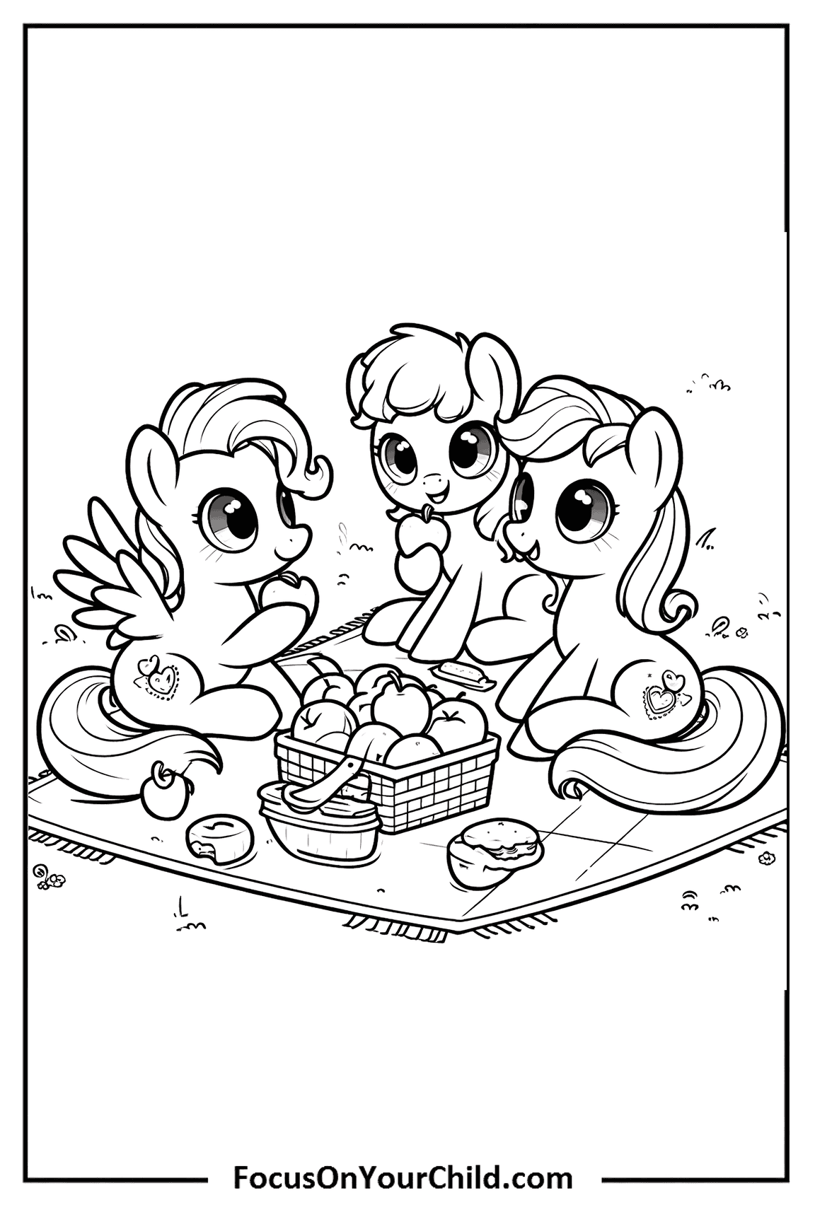 Adorable pony picnic illustration with apples and heart cutie mark on grassy field.