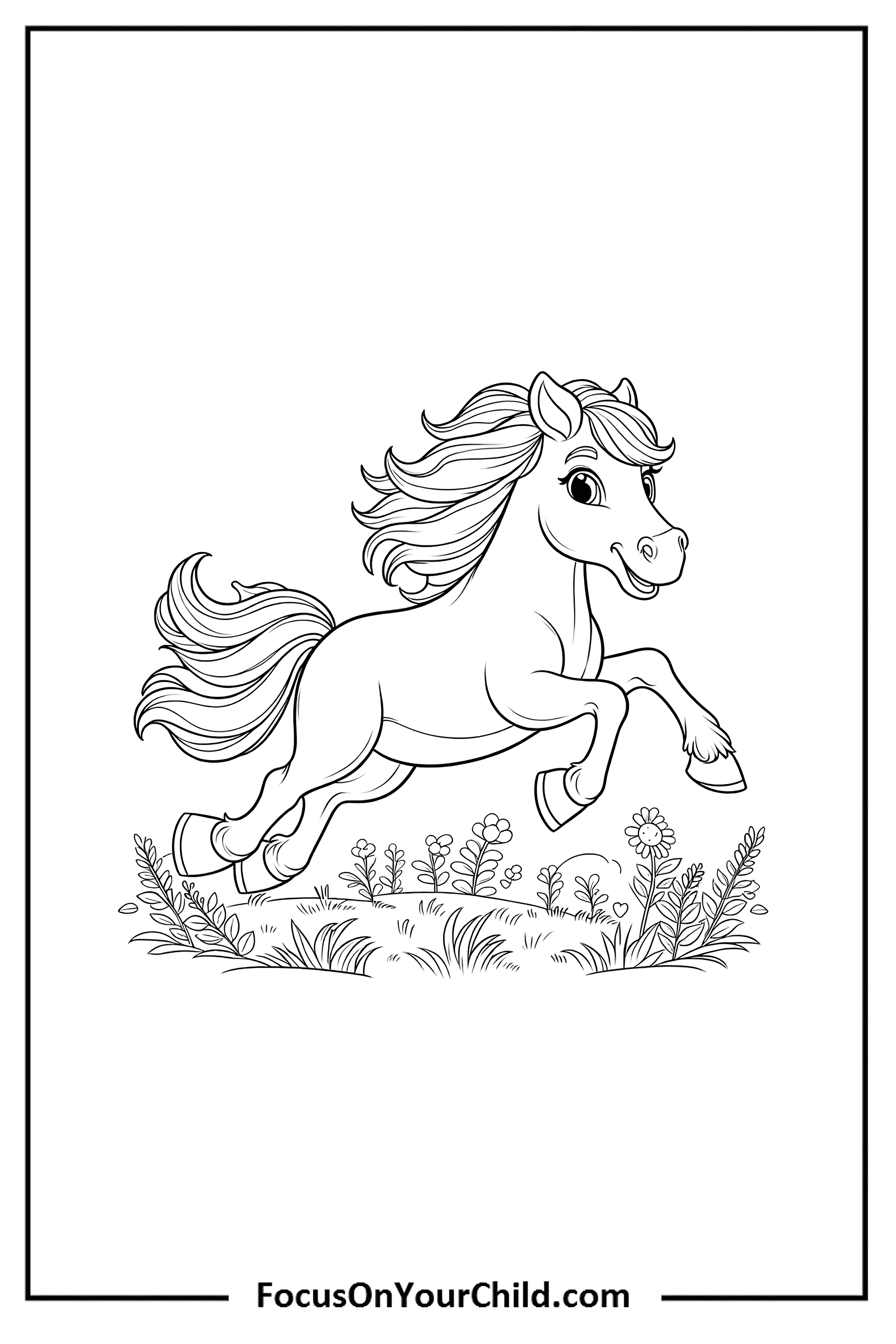Joyful horse prancing in nature, black-and-white line drawing for coloring activity.