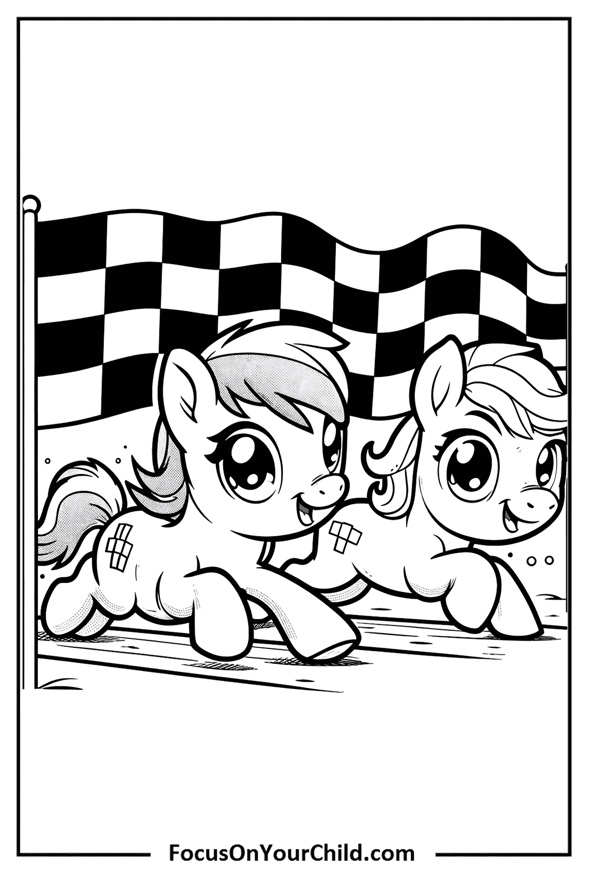 Two animated ponies racing towards the checkered flag in a fun and competitive event.