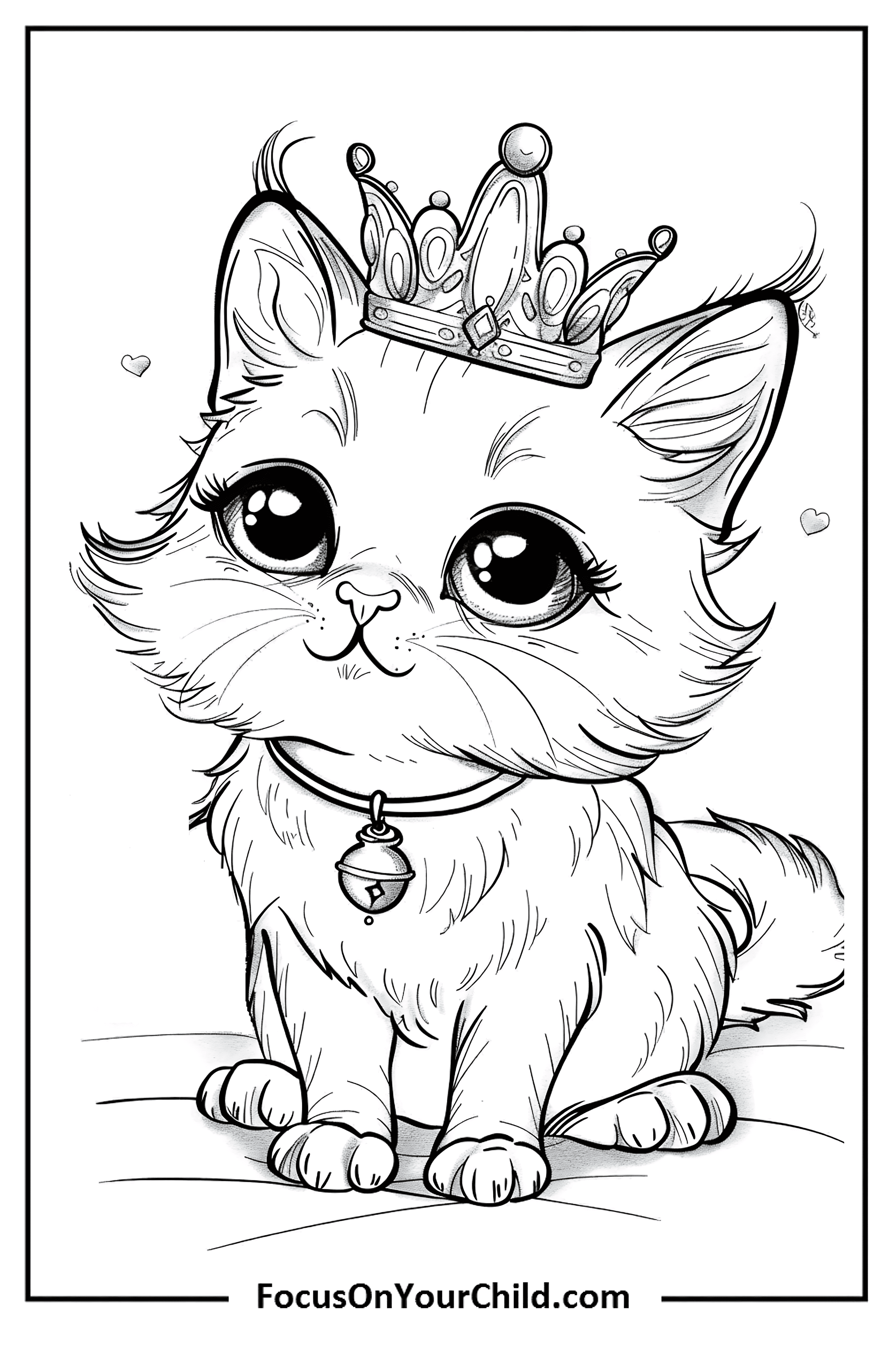 Adorable cartoon kitten wearing a royal crown and bell collar on white background.