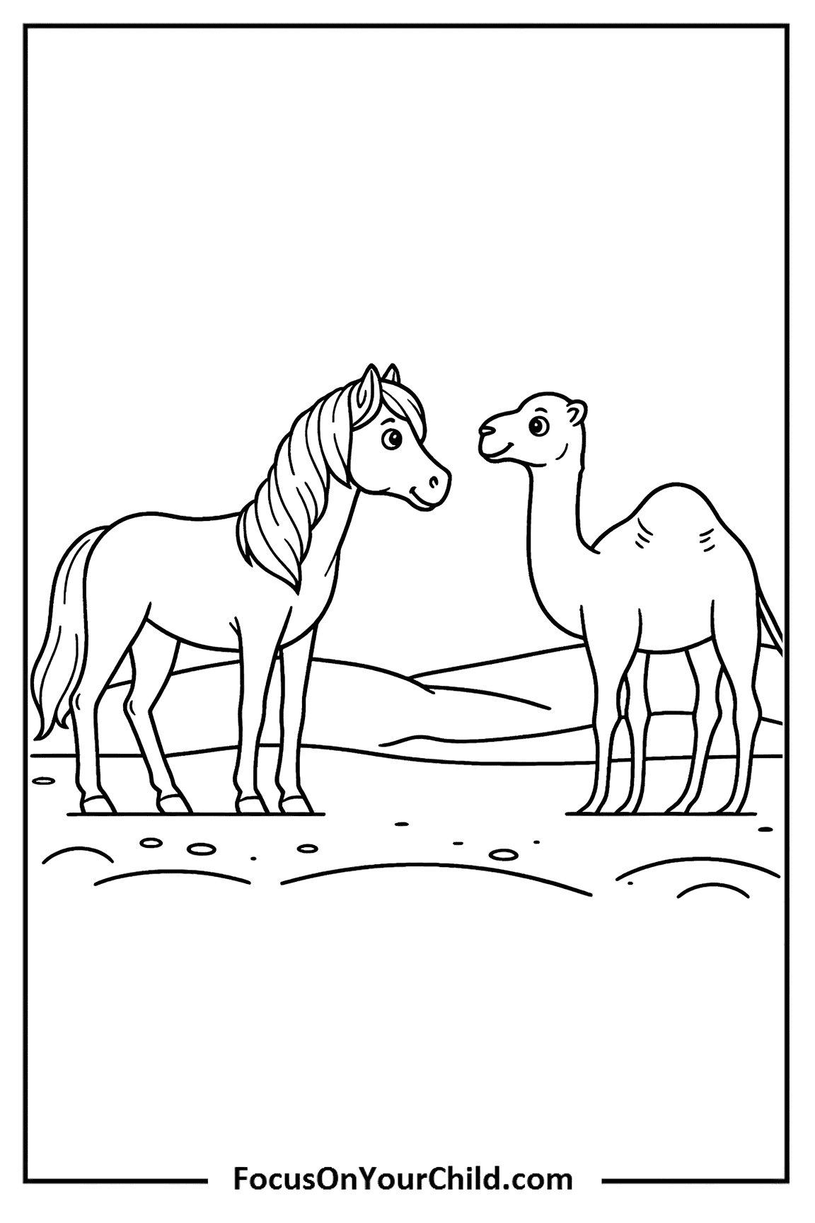Two animals, horse and camel, standing in desert landscape.