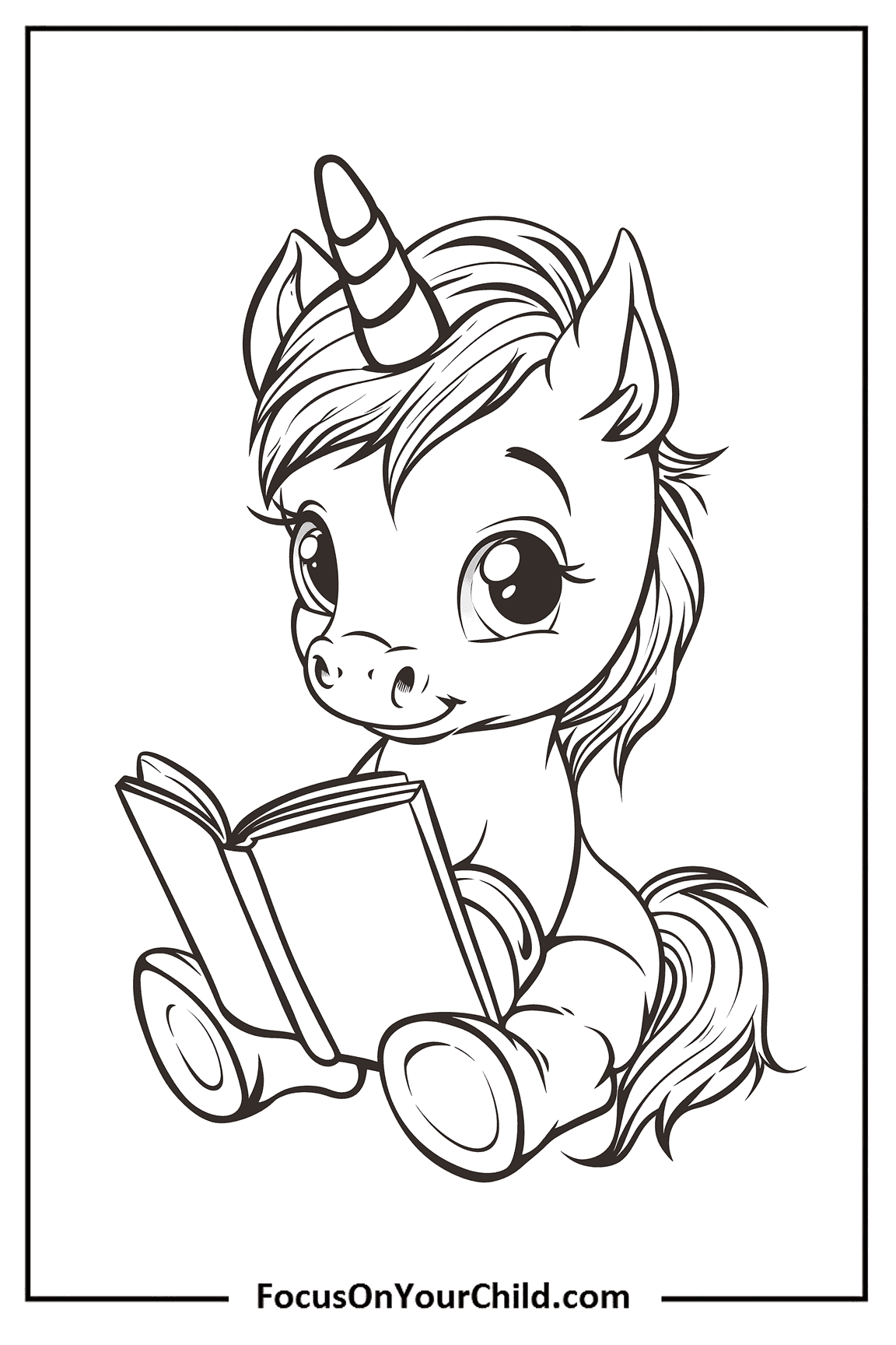 Adorable unicorn reading a book, promoting childrens literacy on FocusOnYourChild.com.