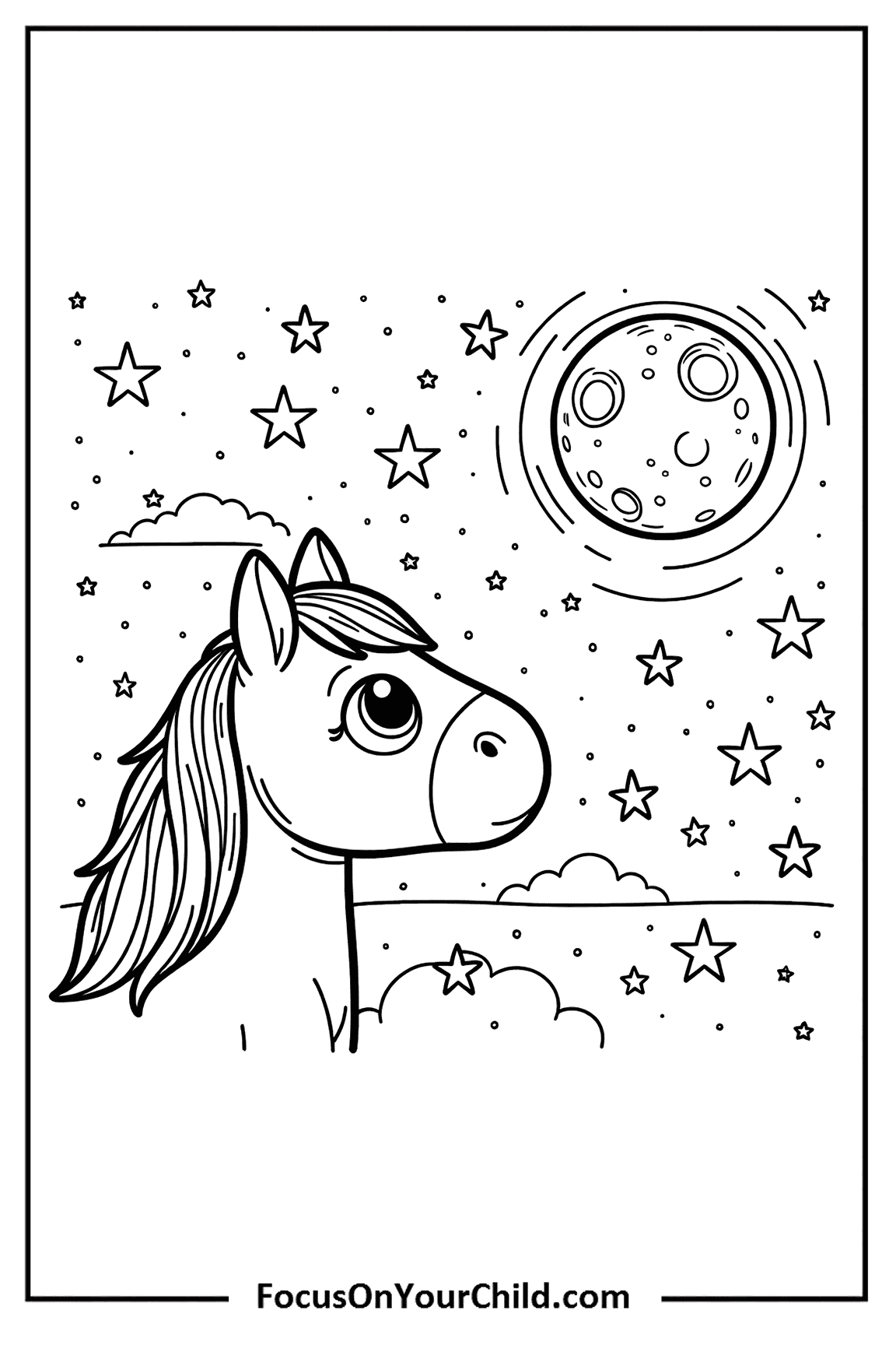 Whimsical horse under starry night sky for coloring on FocusOnYourChild.com.