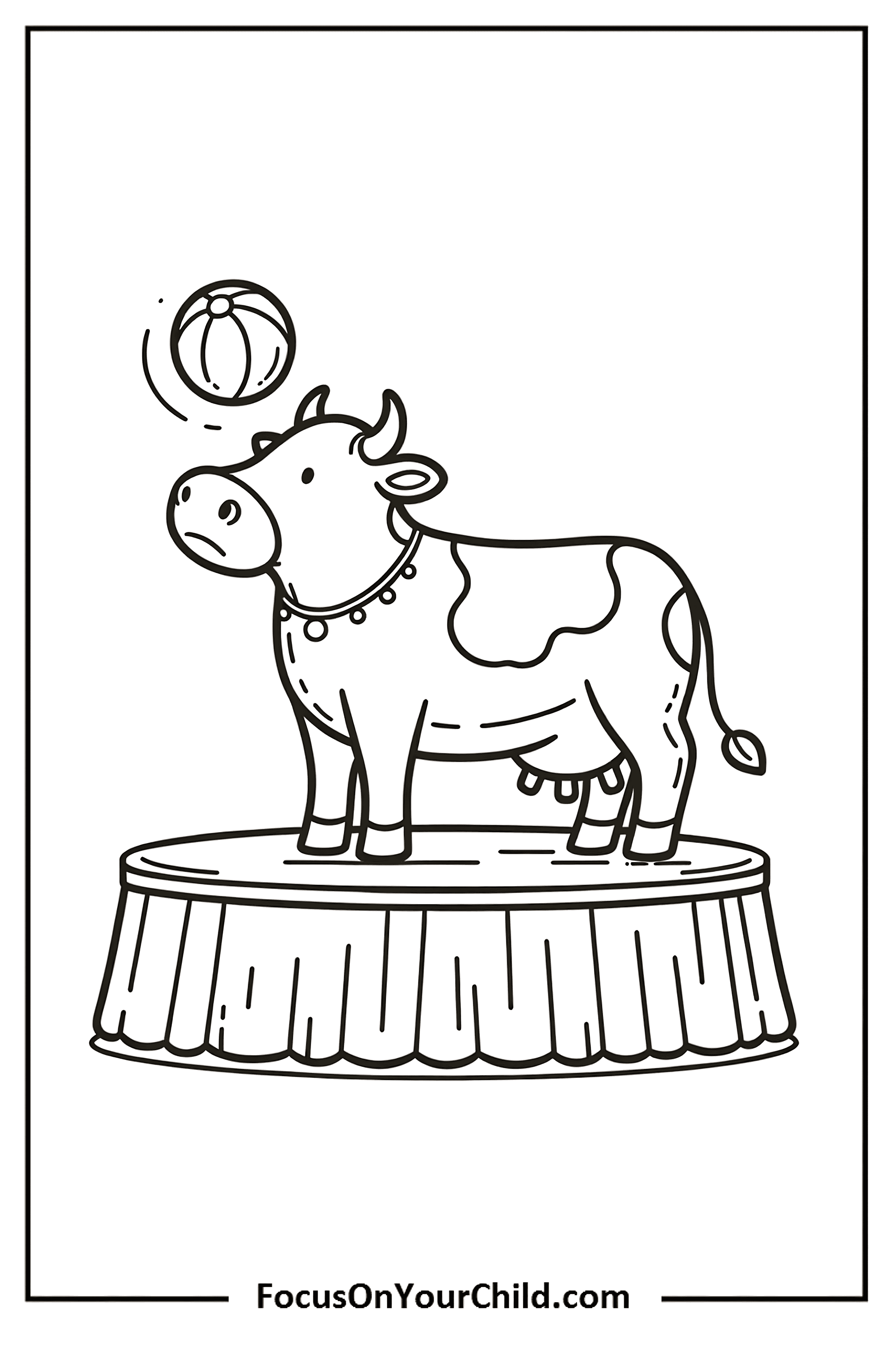 Whimsical circus cow balancing a ball on a platform.