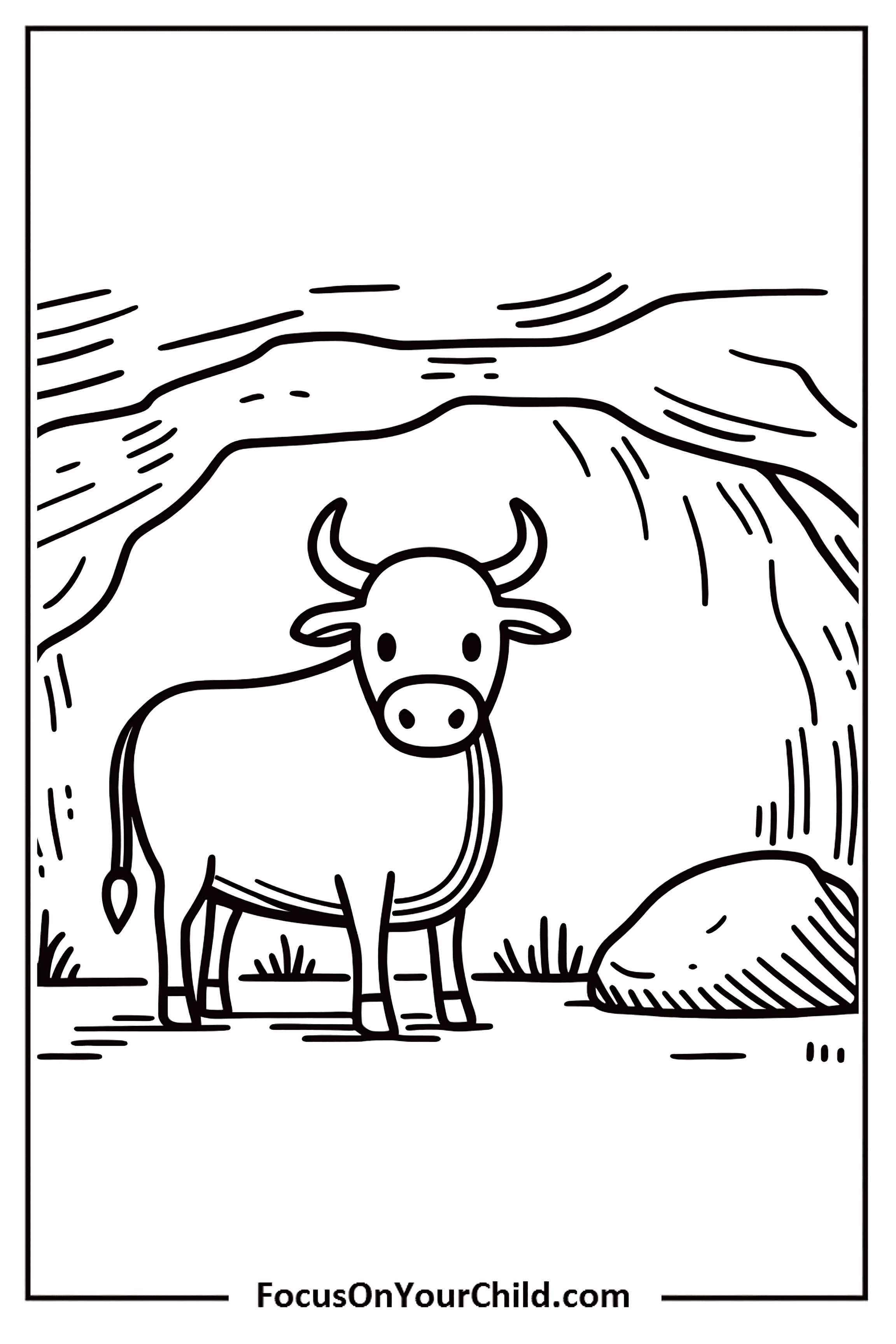 Cow standing in rocky cave, educational childrens illustration.