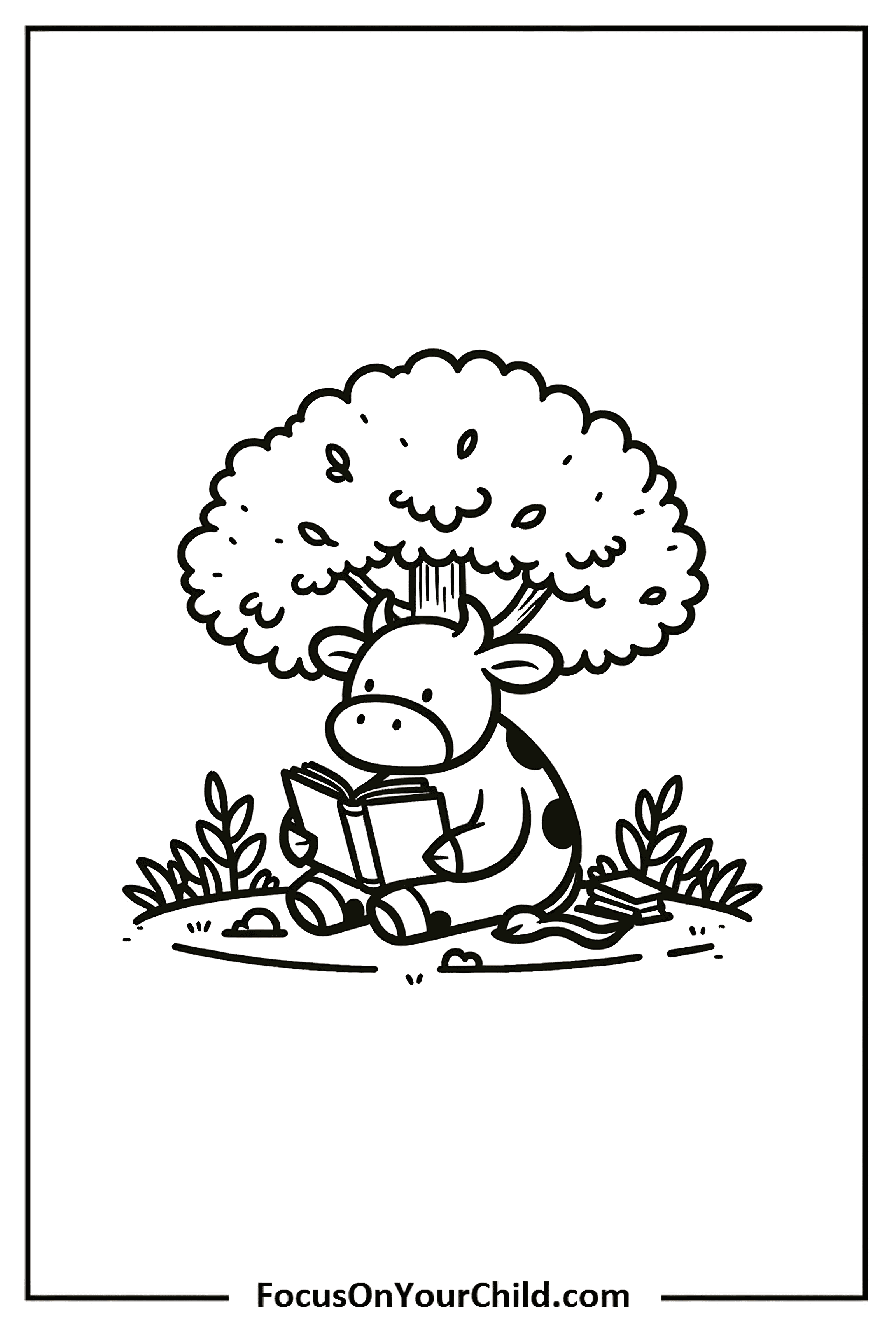 Cow reading book under tree in charming black-and-white illustration.
