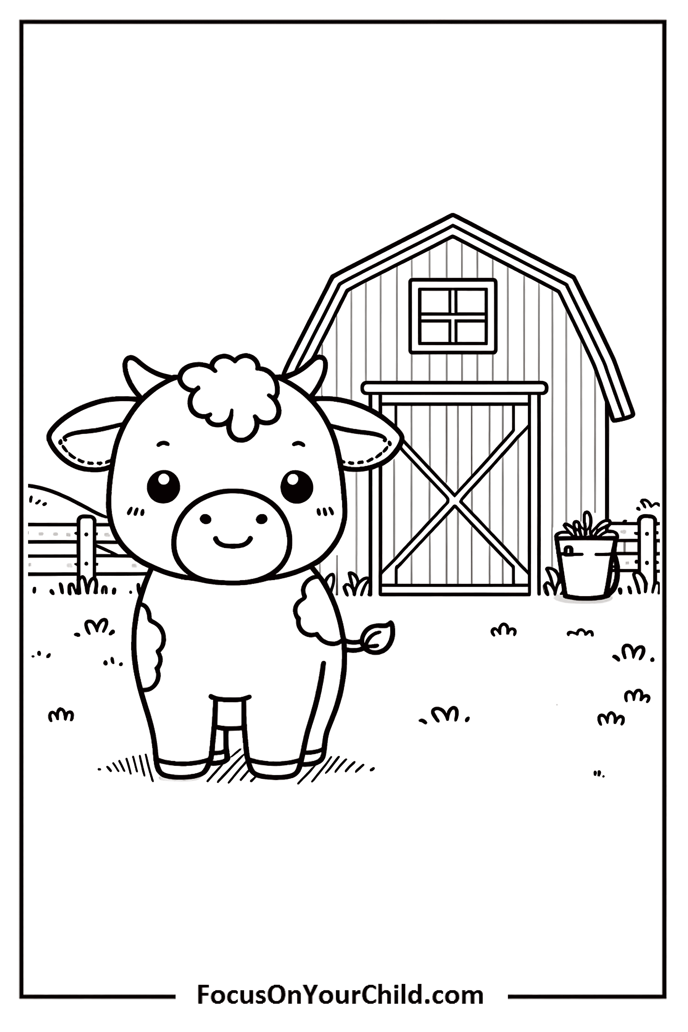 Charming cartoon cow in front of rustic barn on a farm.