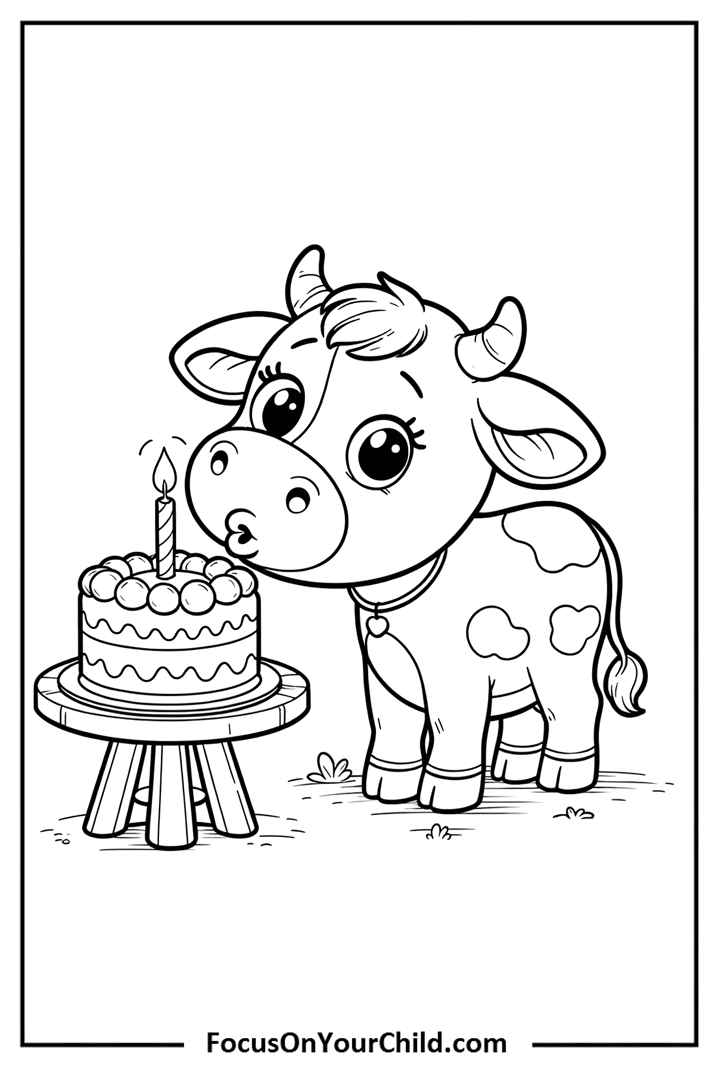 Adorable cow blowing birthday candle on cake in charming cartoon scene.