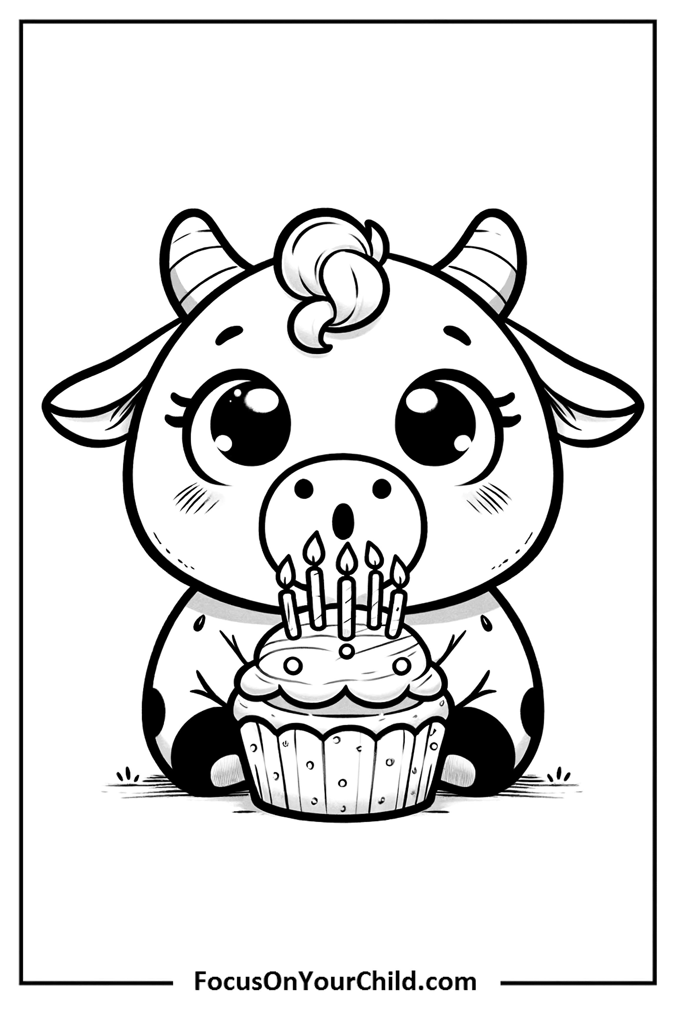 Charming cow presenting cupcake with lit candles.
