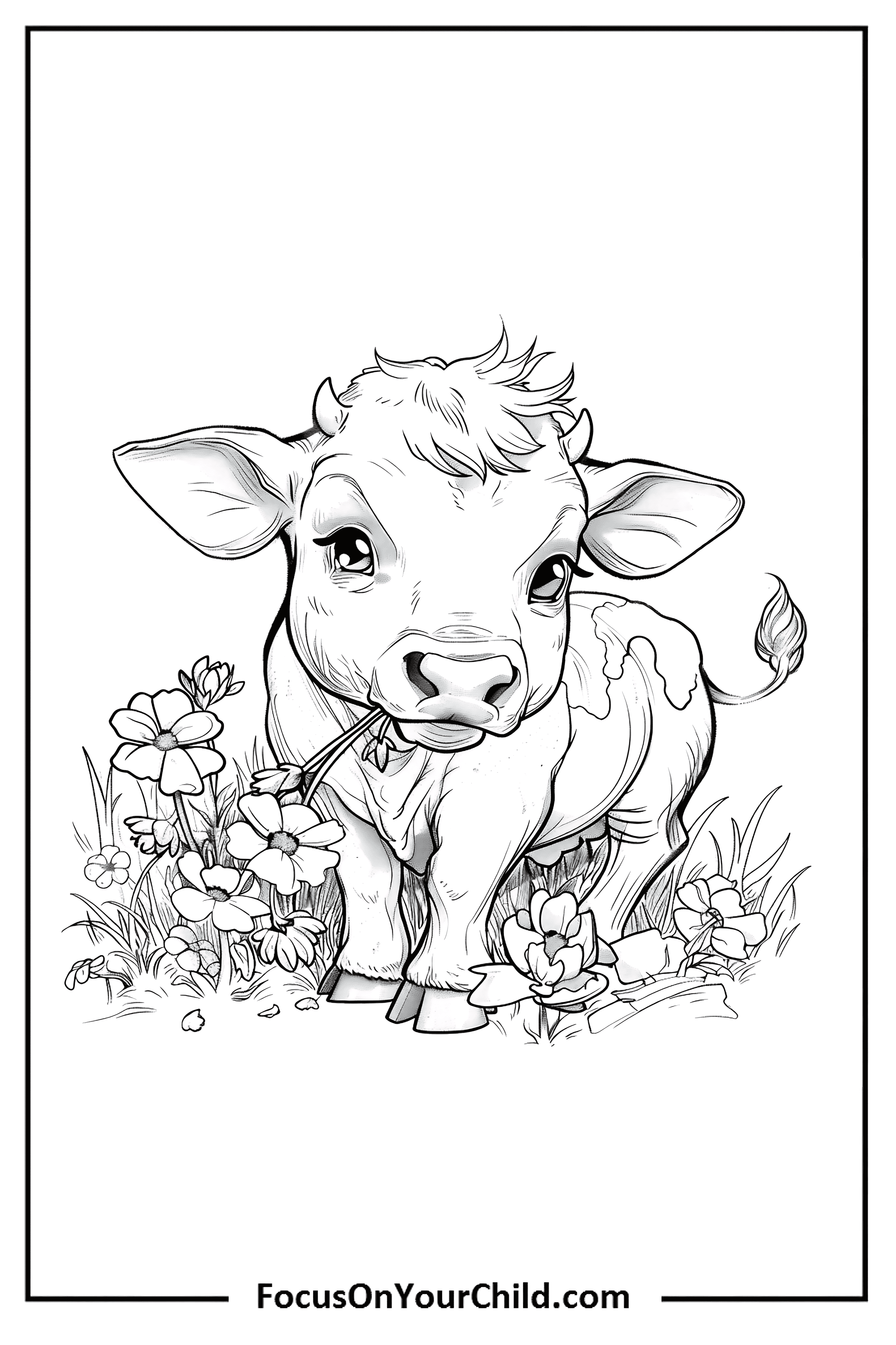 Young calf enjoying a field of wildflowers in charming line drawing.
