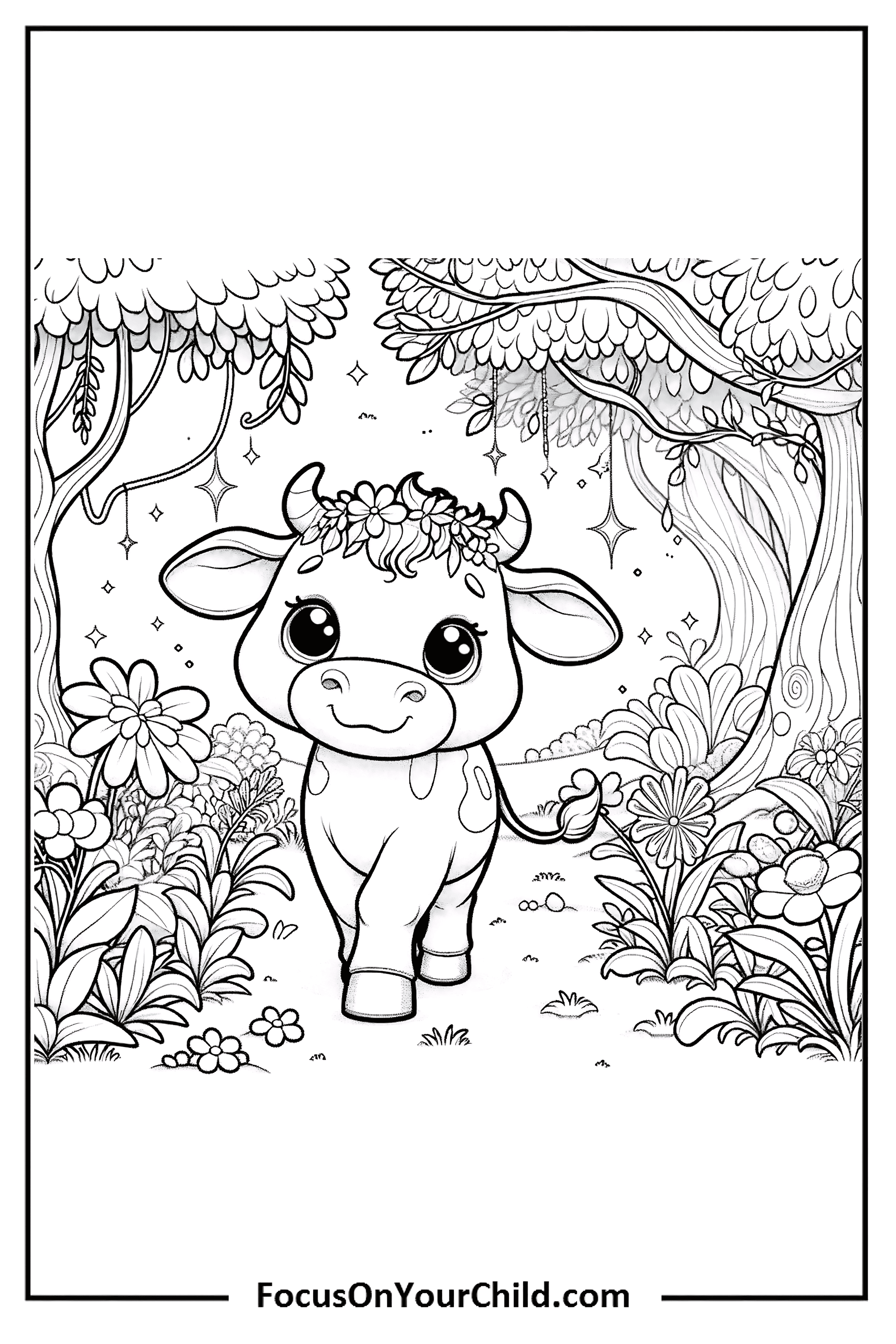 Adorable cow in magical forest, perfect for coloring book activities.
