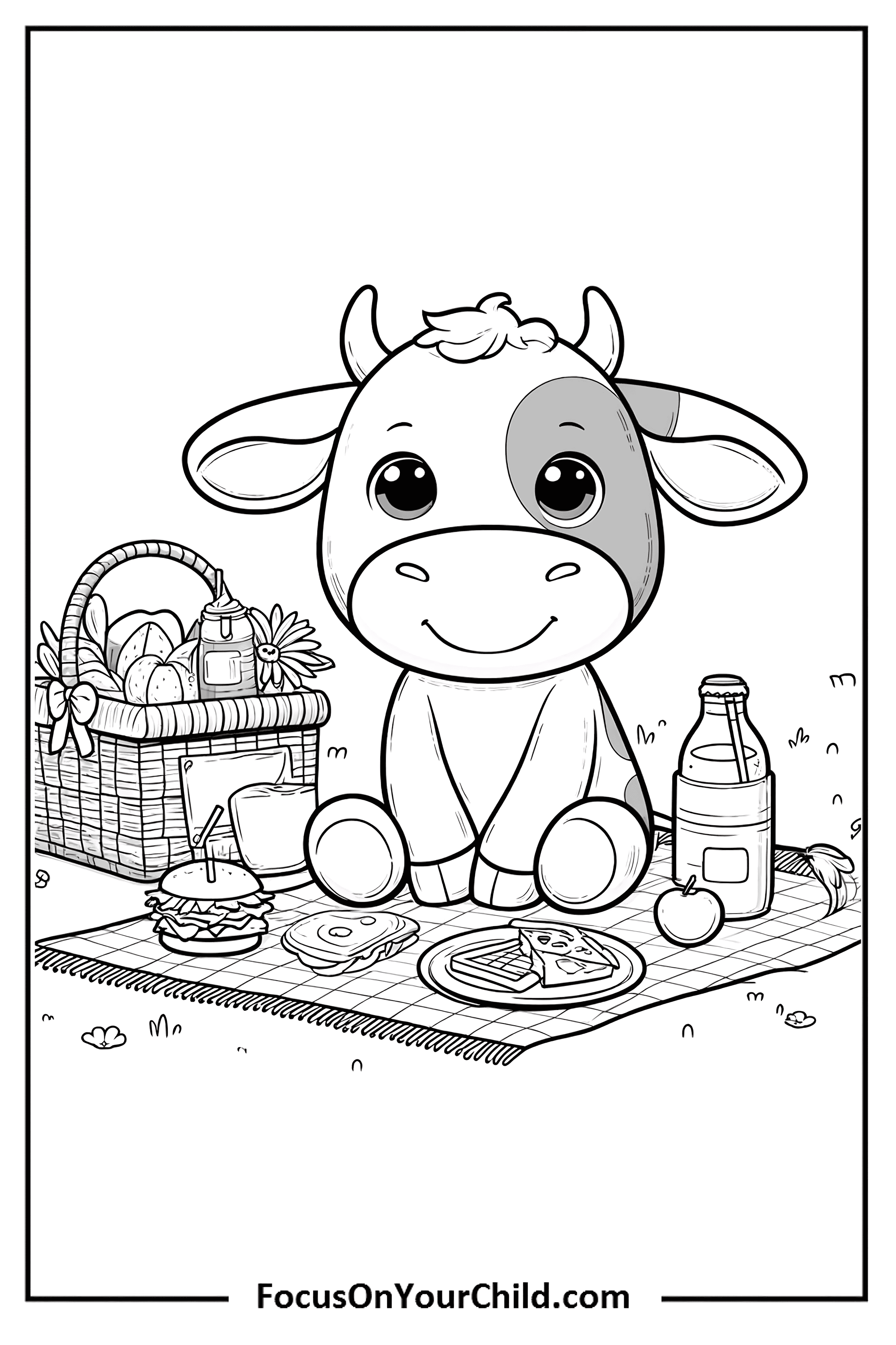 Charming baby cow enjoying a picnic on a checkered blanket in a grassy area.
