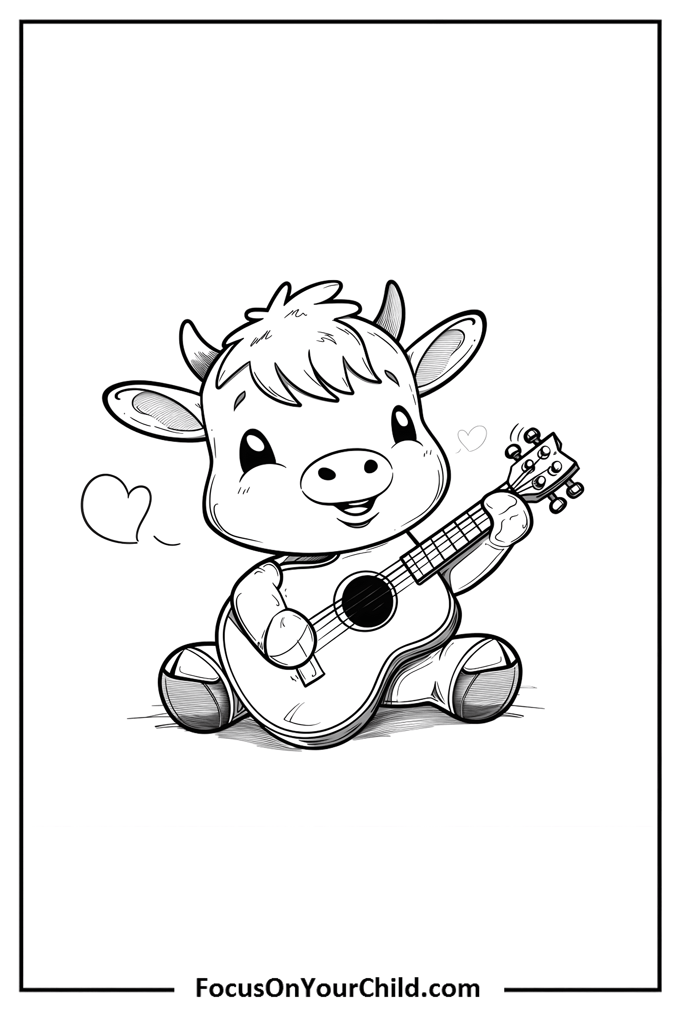 Charming cartoon cow playing guitar in black-and-white illustration.